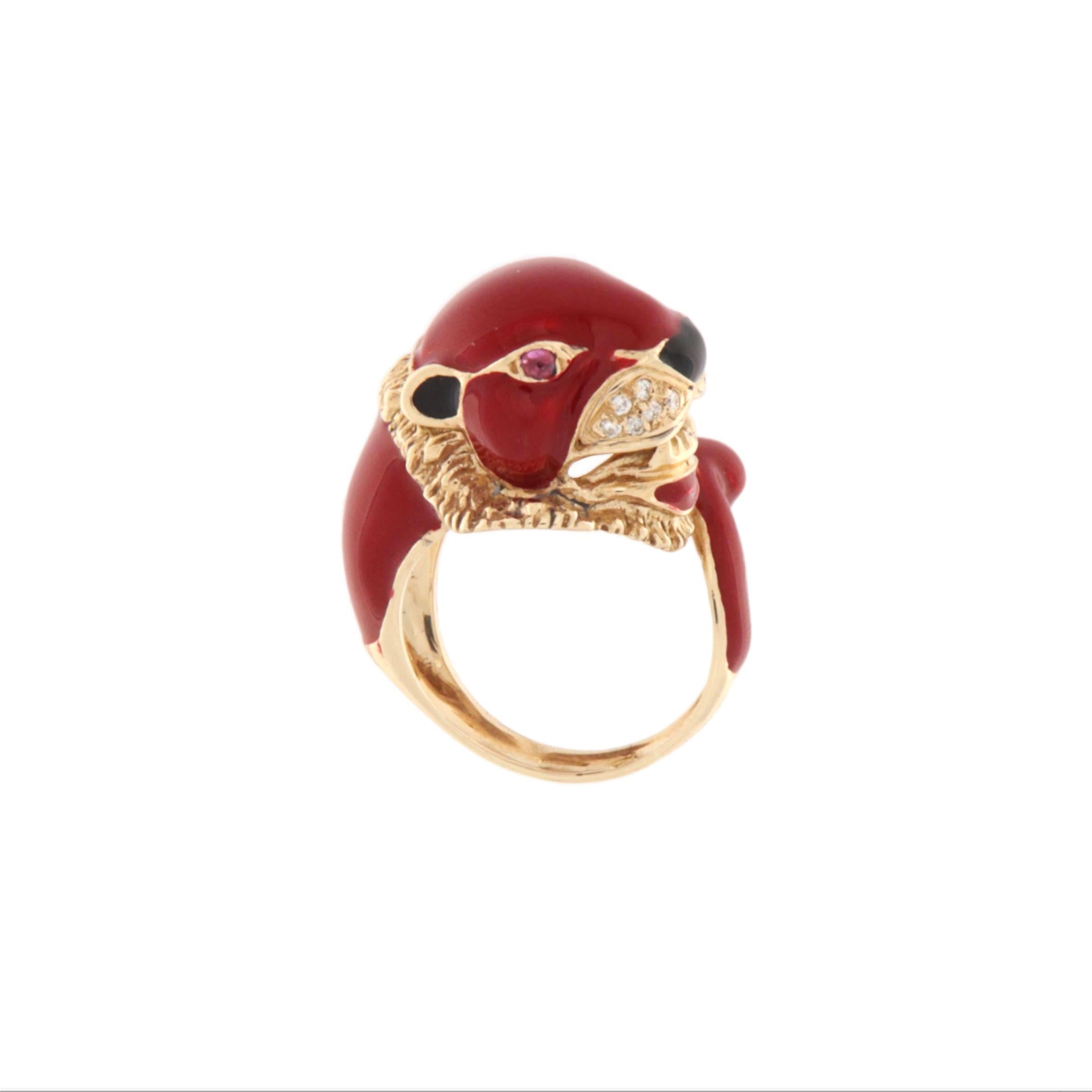 Make a fierce statement with this exceptional panther-shaped ring, expertly crafted in 14 karat yellow gold. This bold and charismatic piece captures the essence of power and elegance, with its feline form meticulously enameled in fiery red and