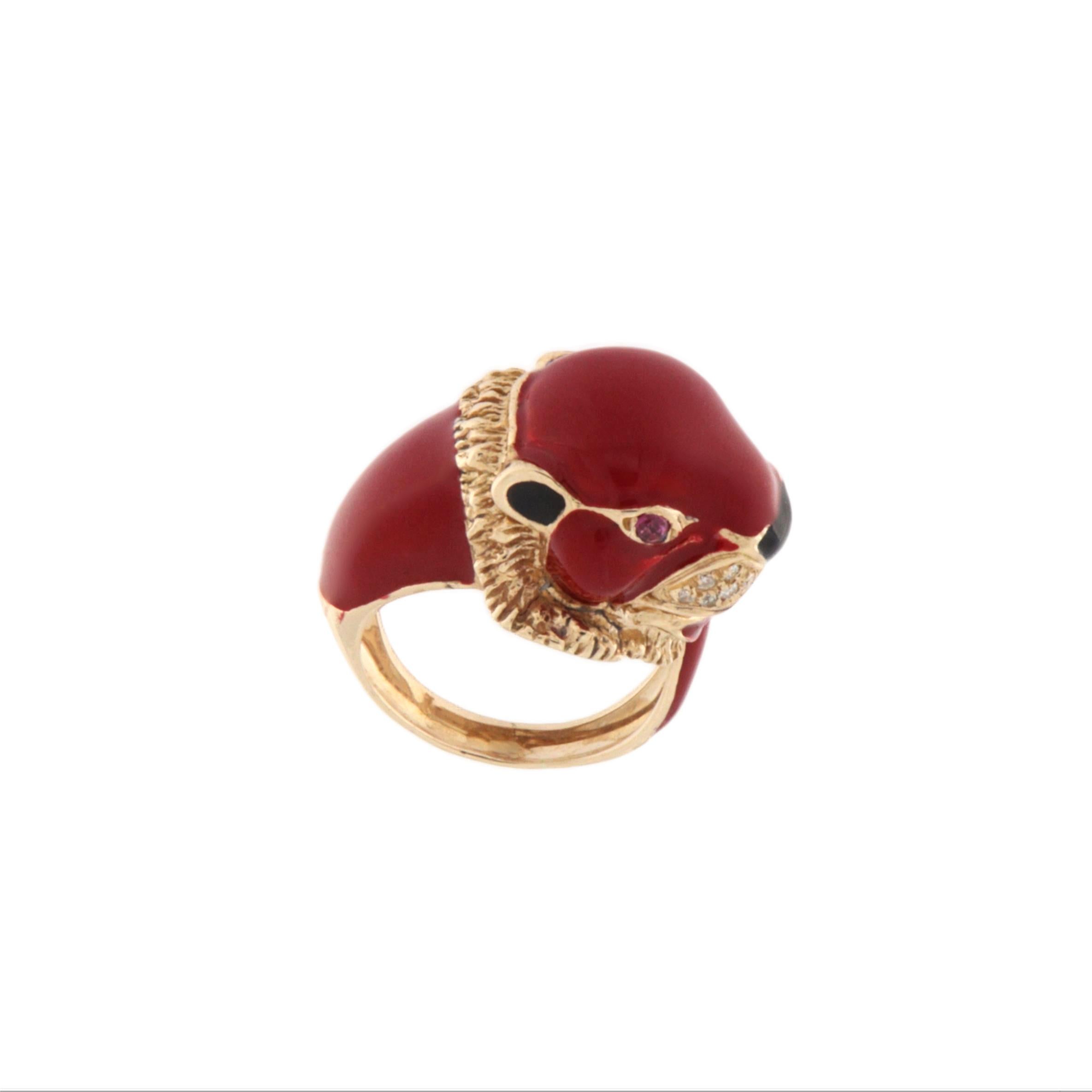 Artisan Cougar Diamonds Rubies 14 Karat Yellow Gold Cocktail Ring For Sale