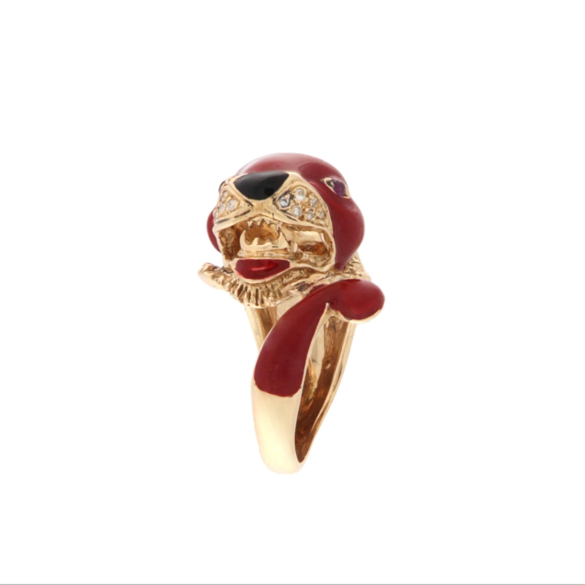 Brilliant Cut Cougar Diamonds Rubies 14 Karat Yellow Gold Cocktail Ring For Sale