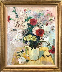 "Carnations" Arrangement floral du milieu du siècle Nature morte Peinture à l'huile sur toile