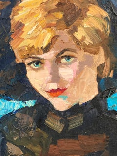 "Porträt in Blau und Orange" Impressionistisches strukturiertes Ölgemälde aus der Mitte des Jahrhunderts