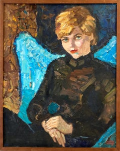"Portrait in Blue and Orange" Mid Century Impressionistic Textured Oil Painting