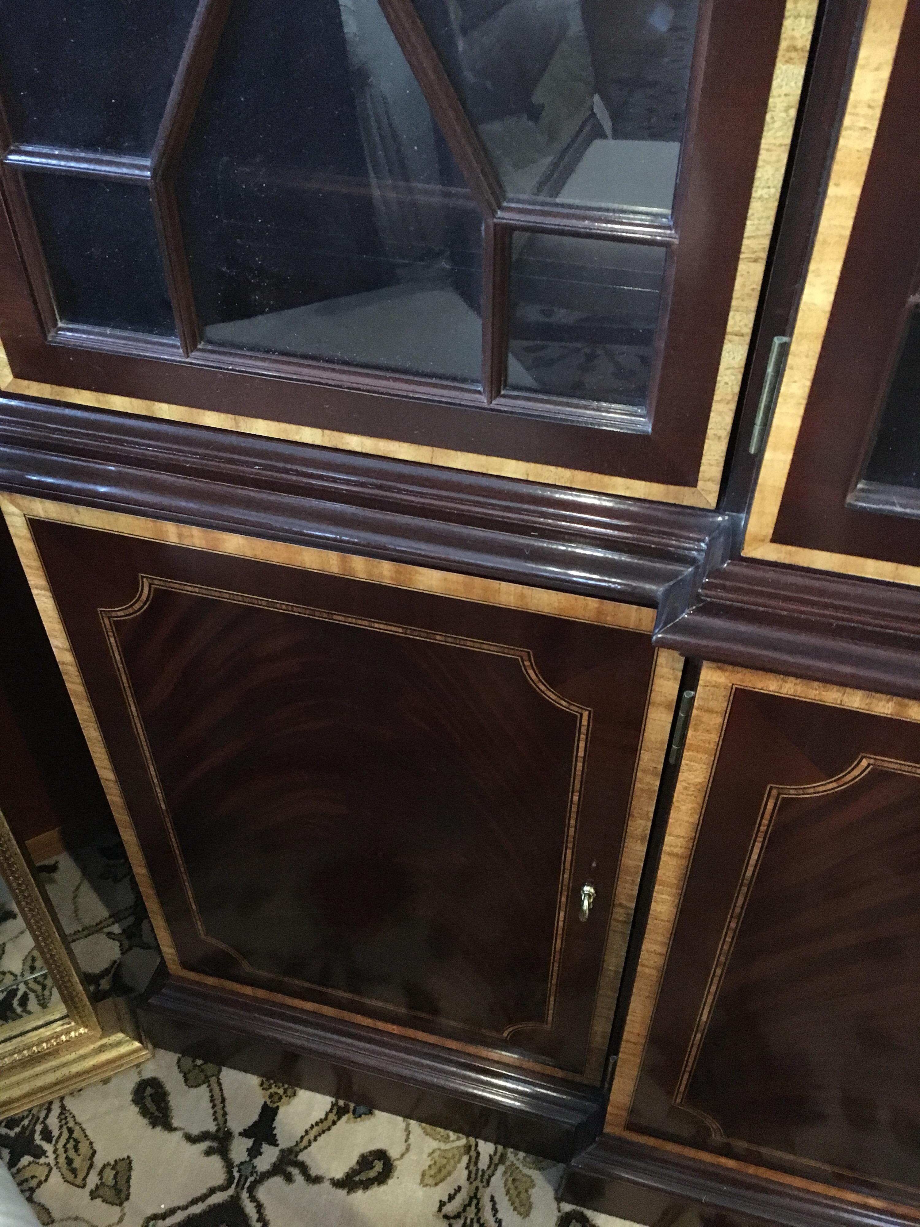 American Councill Craftsman Immense Mahogany Inlaid China Breakfront Cabinet Sideboard