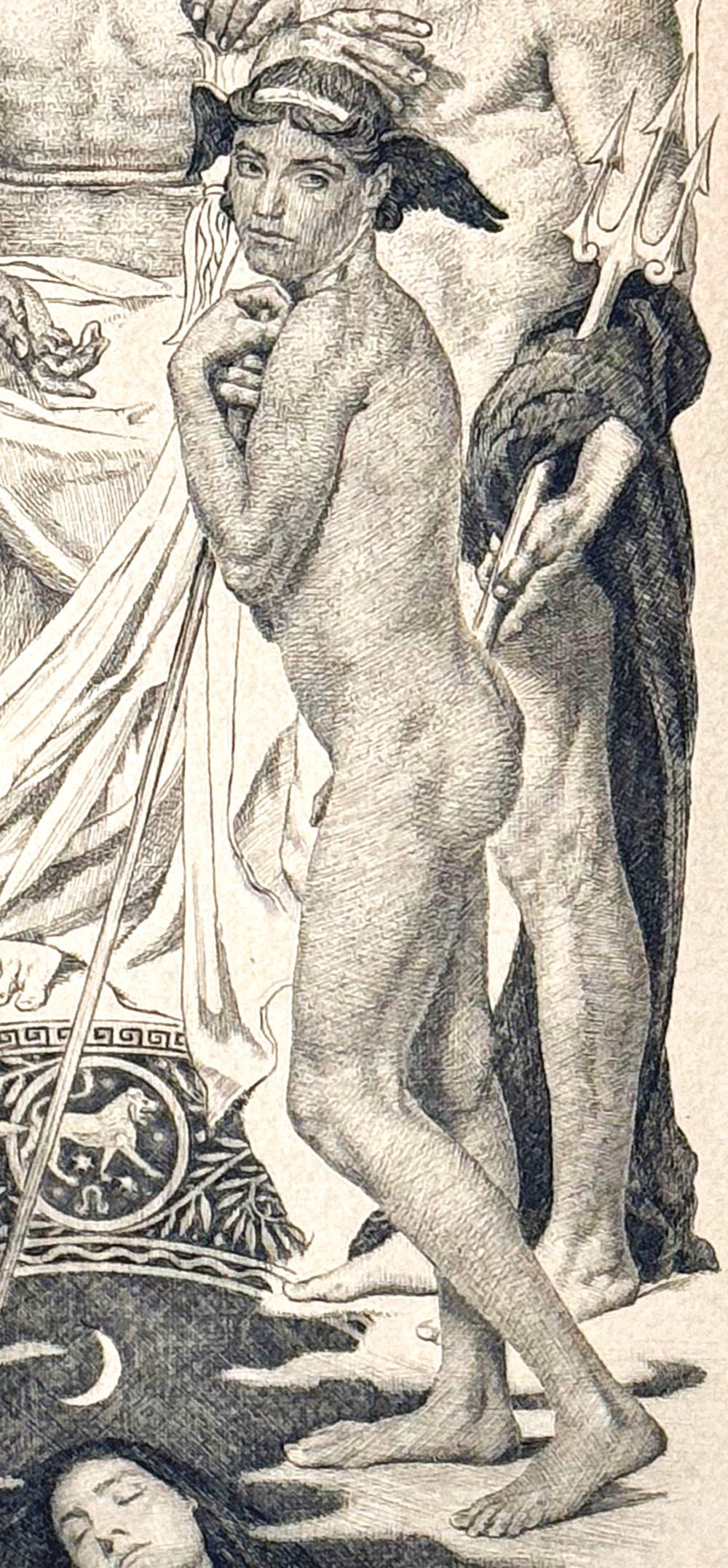 Cette gravure rare et magnifiquement détaillée de Sigmund Lipinsky représente plusieurs dieux grecs sur le mont Olympe, dominés par Zeus et Athéna, qui se tiennent debout au-dessus d'Hermès (ou Mercure) nu, bâton à la main et ailes sur son bonnet. 