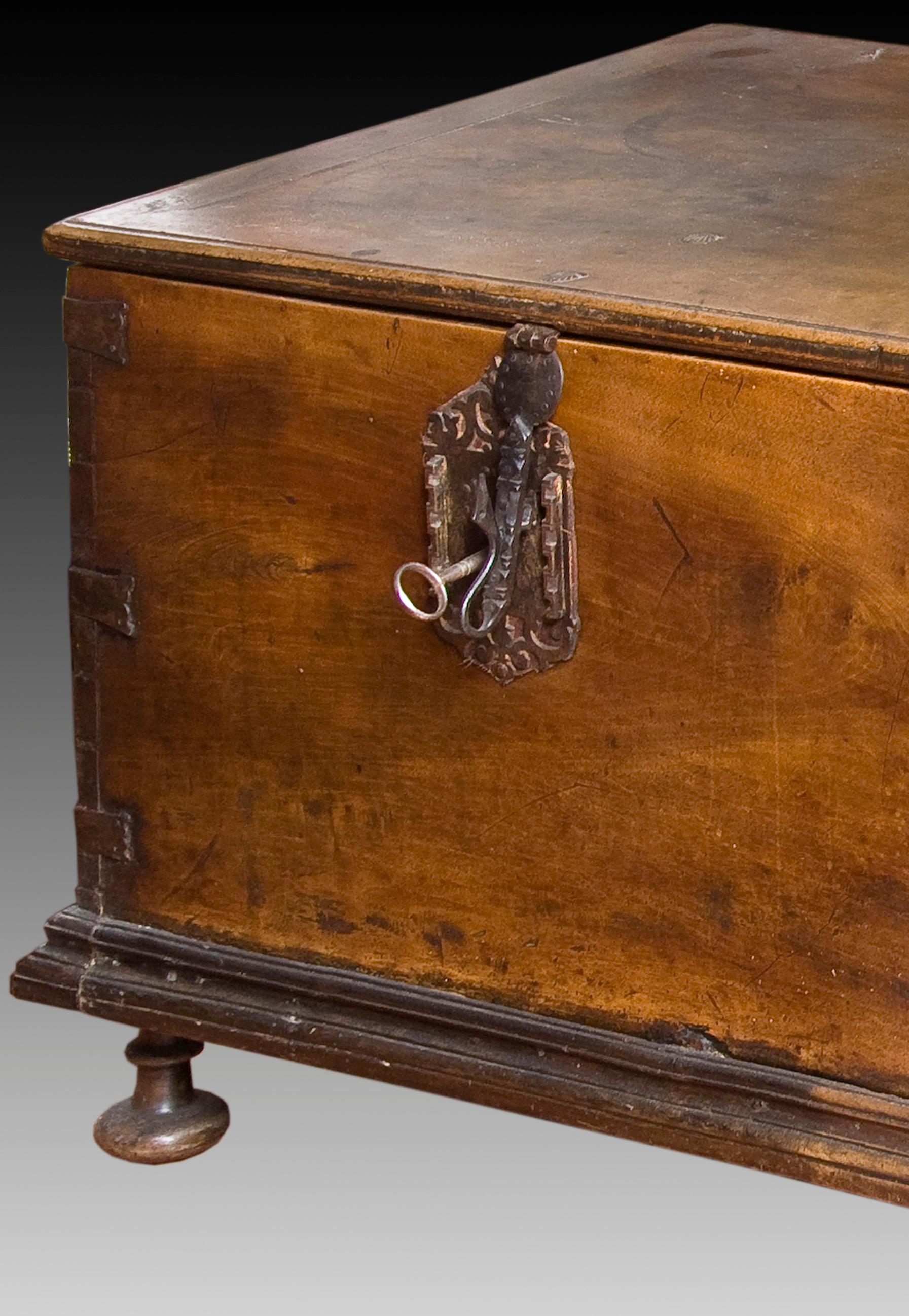 Baroque Council or City Hall Chest Walnut, Wrought Iron, Spain, 17th Century with Restor