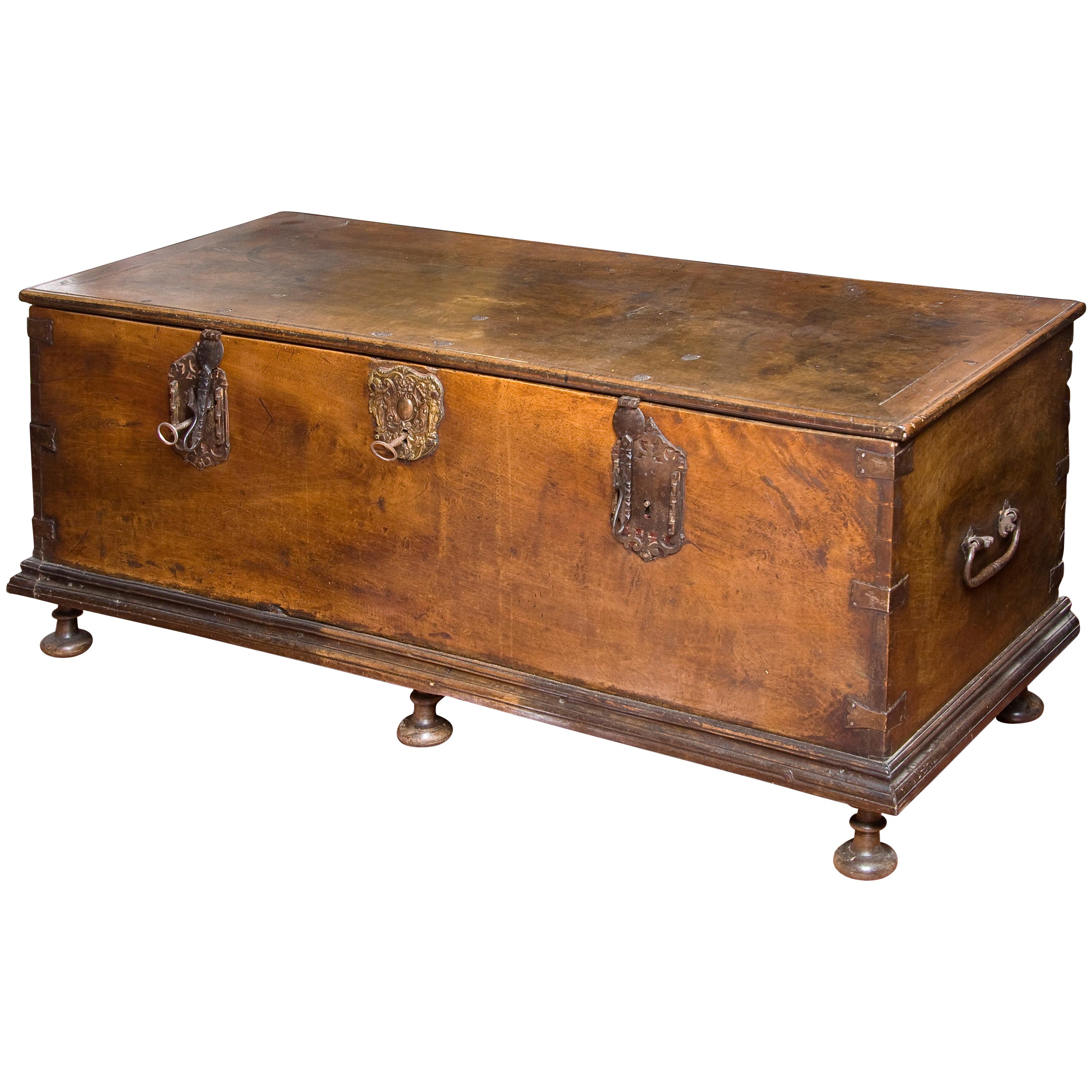 Council or City Hall Chest Walnut, Wrought Iron, Spain, 17th Century with Restor