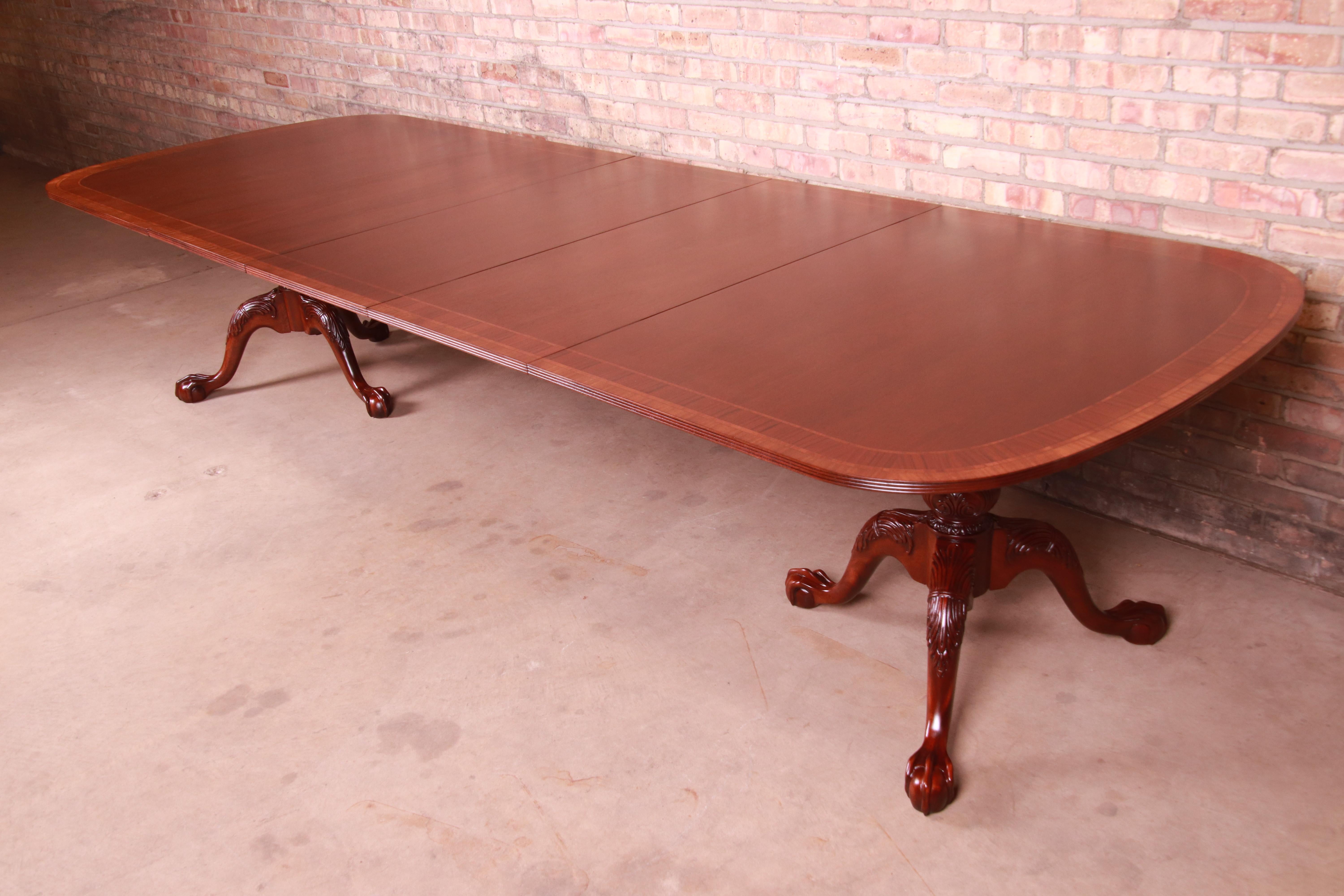 American Councill Banded Mahogany Chippendale Double Pedestal Dining Table, Restored