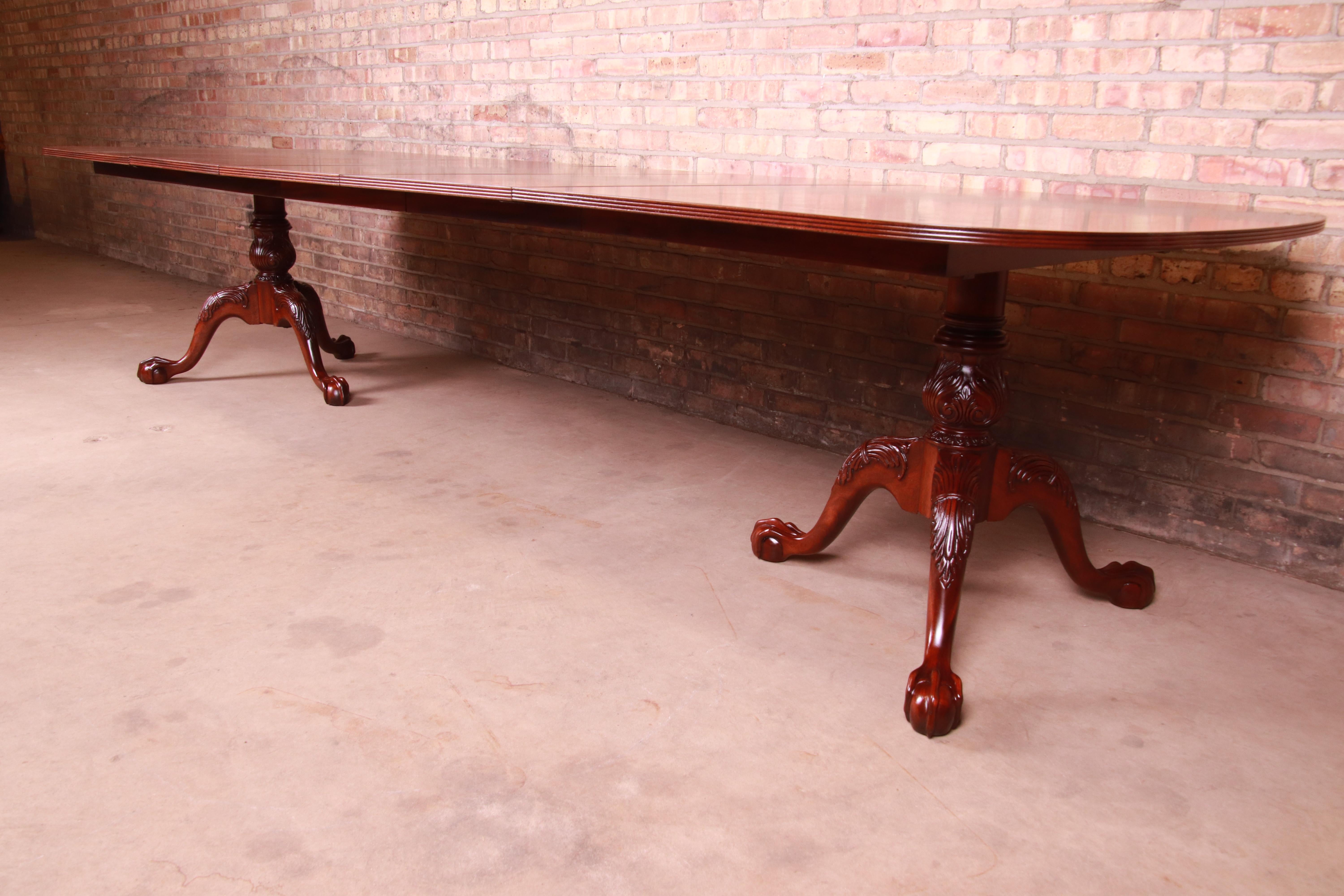 20th Century Councill Banded Mahogany Chippendale Double Pedestal Dining Table, Restored
