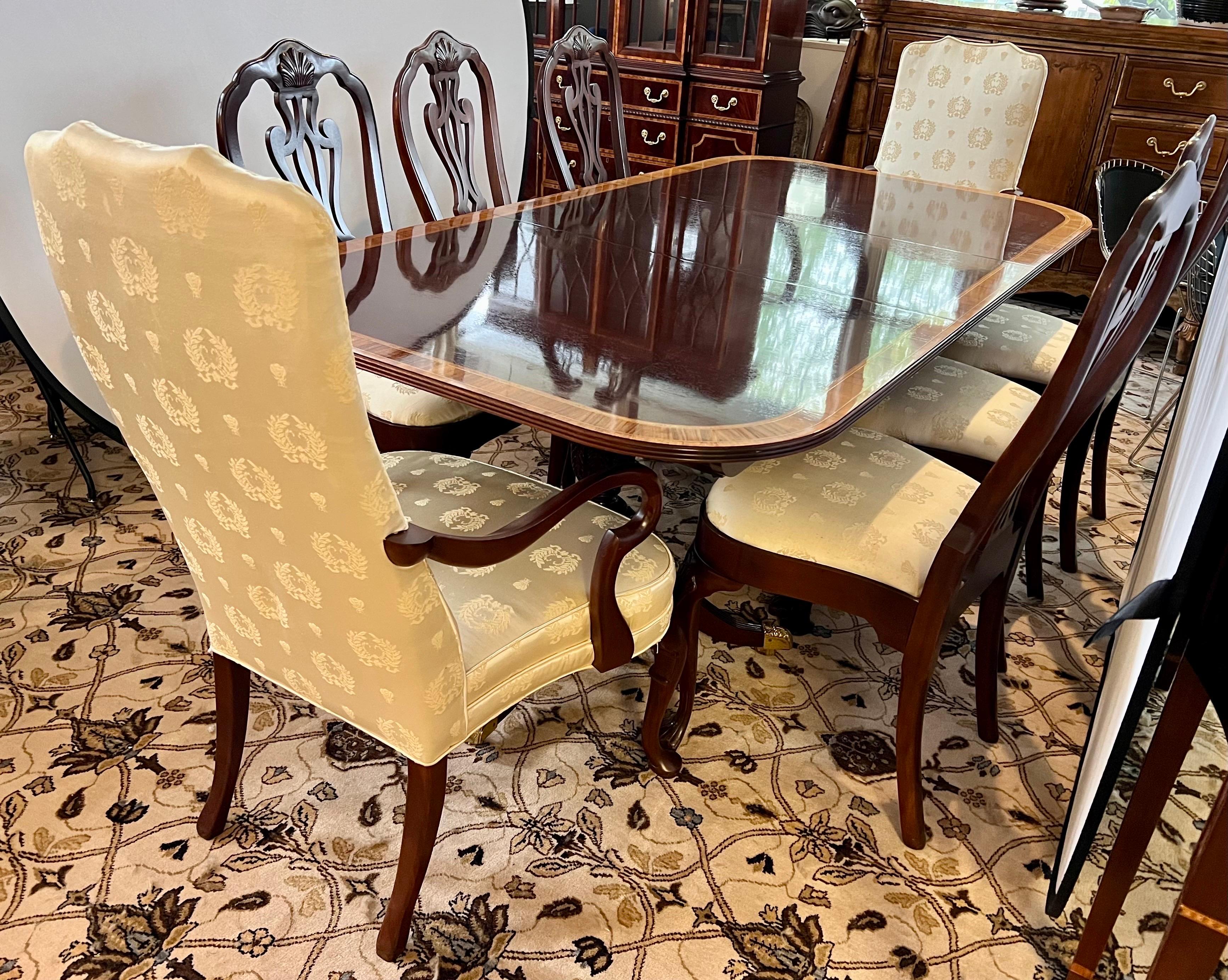 Stunning expandable Councill flame mahogany dining room set with double pedestal table and matching set of eight chairs.  The table has two 20