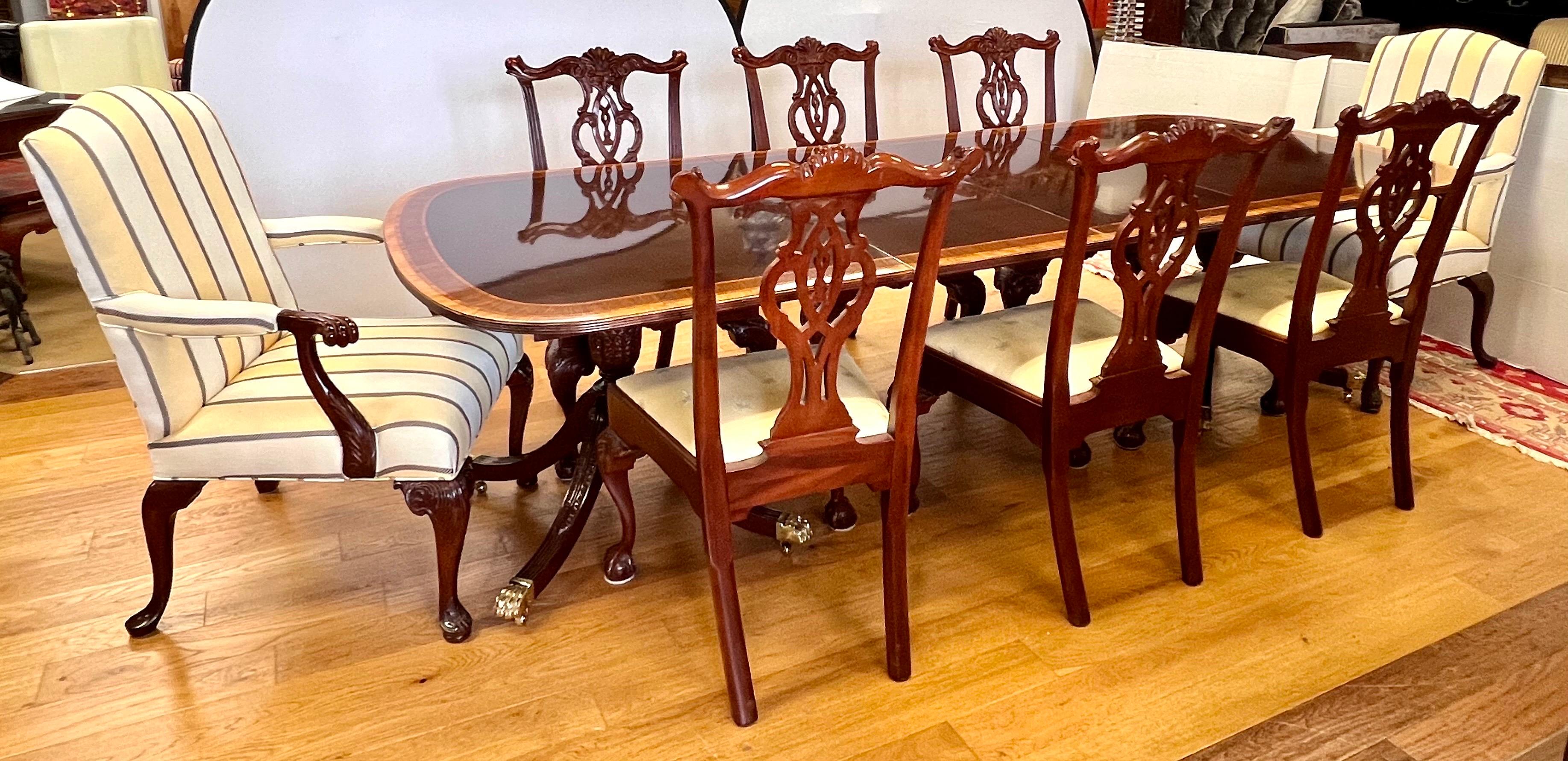 Federal Councill Craftsman Flame Mahogany Inlay Expandable Dining Table & 8 Chairs Set