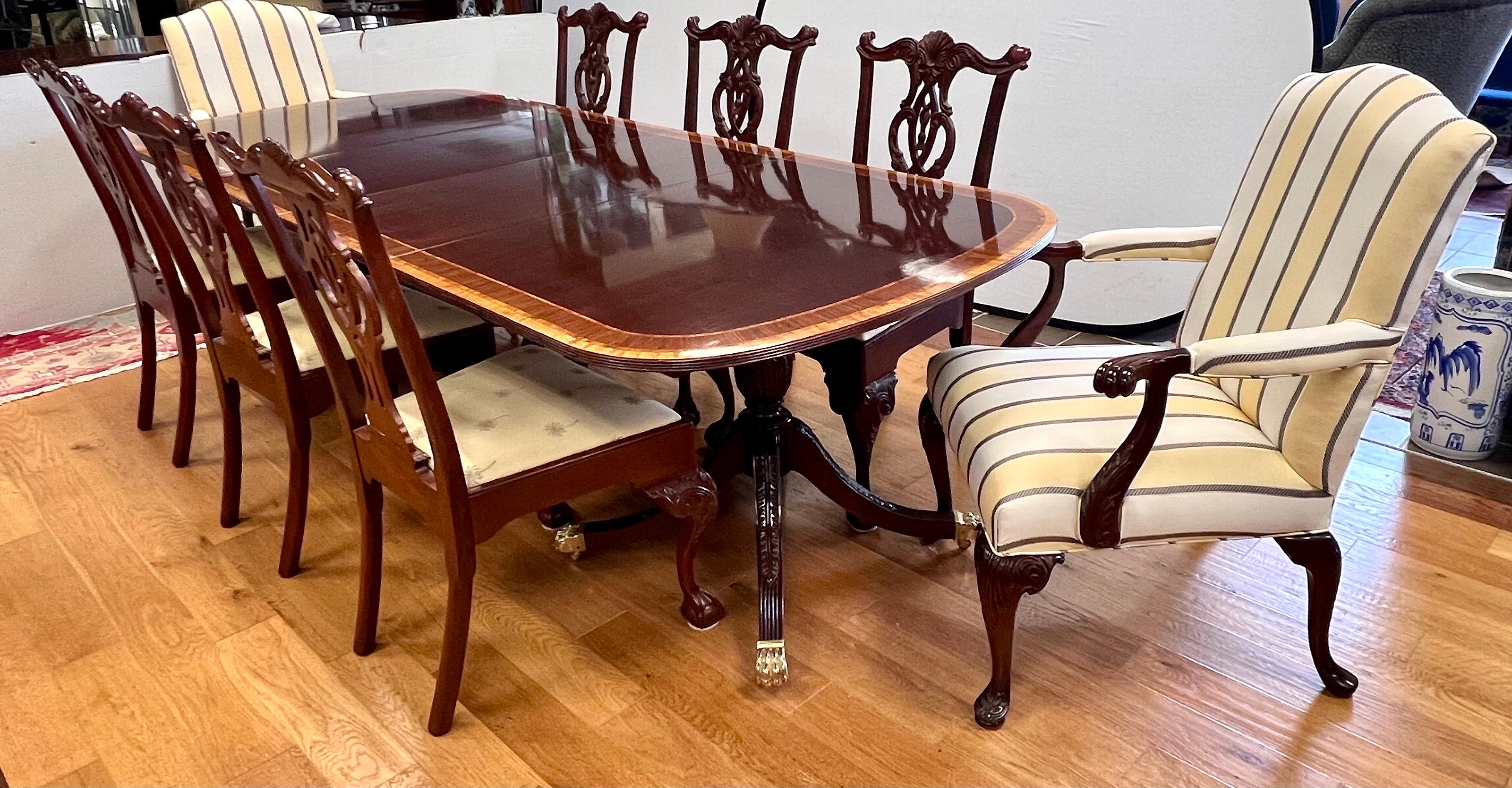 American Councill Craftsman Flame Mahogany Inlay Expandable Dining Table & 8 Chairs Set