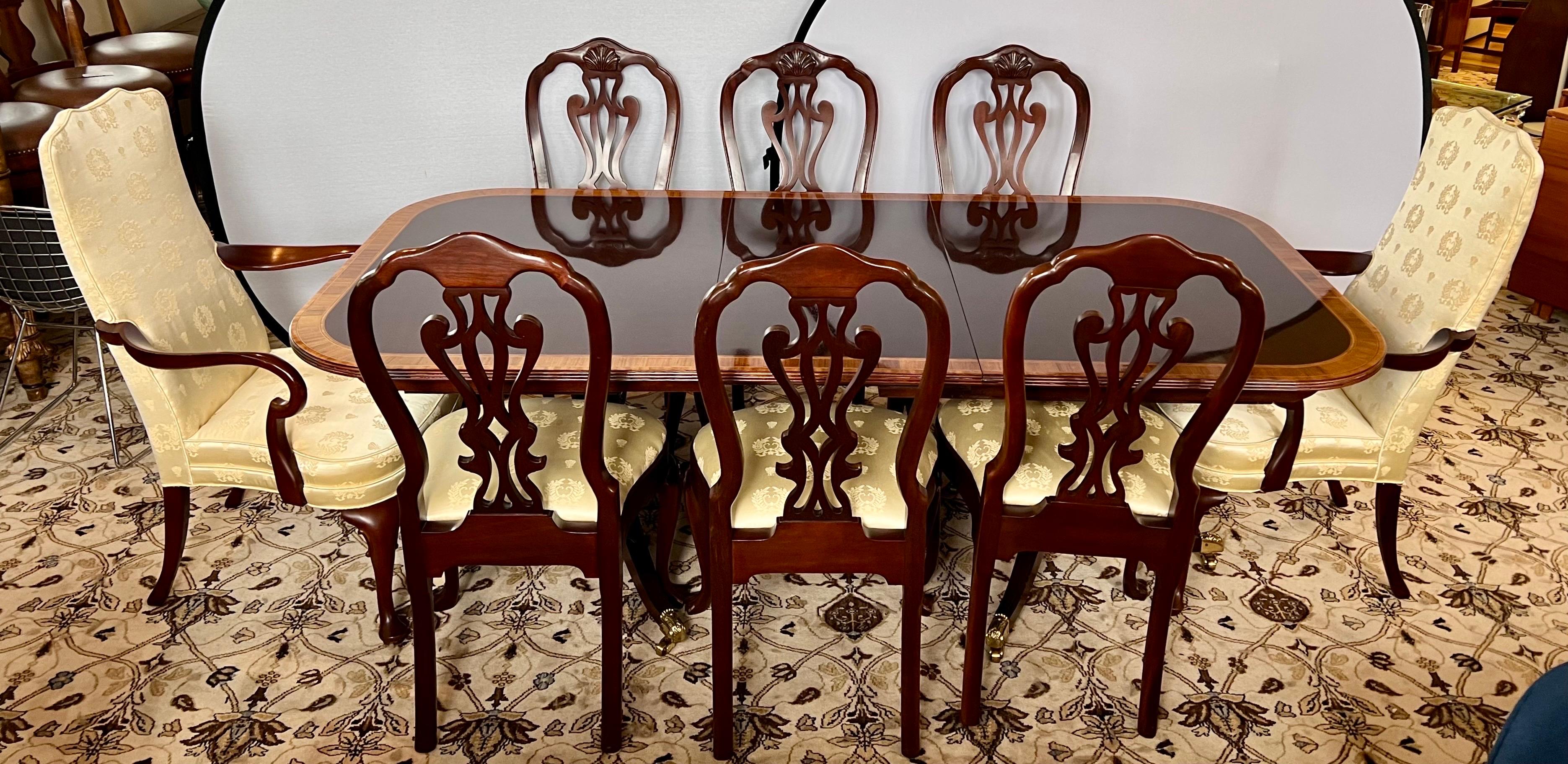 American Councill Craftsman Flame Mahogany Banded Inlay Expandable Dining Table & Chairs