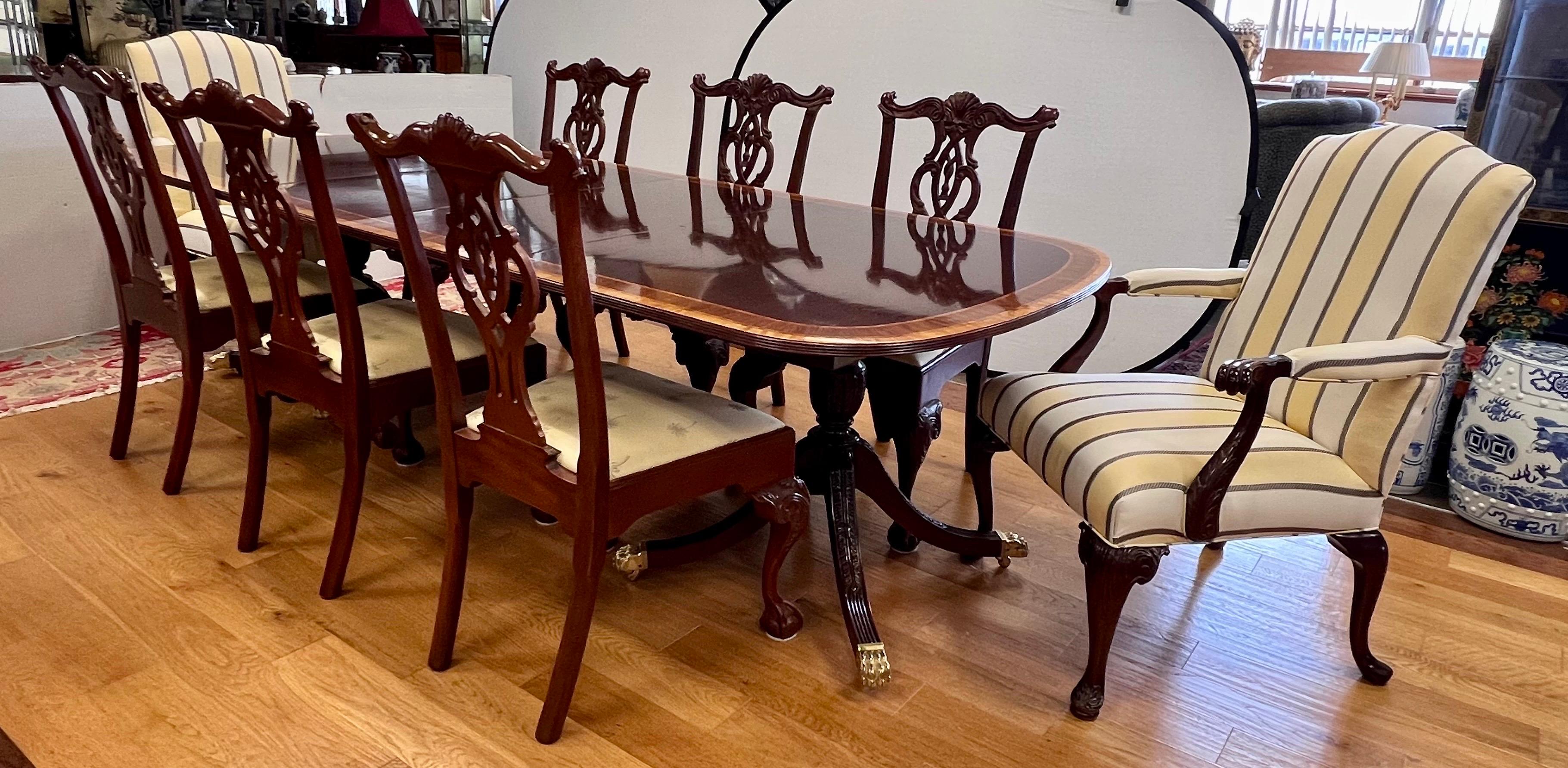 20th Century Councill Craftsman Flame Mahogany Inlay Expandable Dining Table & 8 Chairs Set
