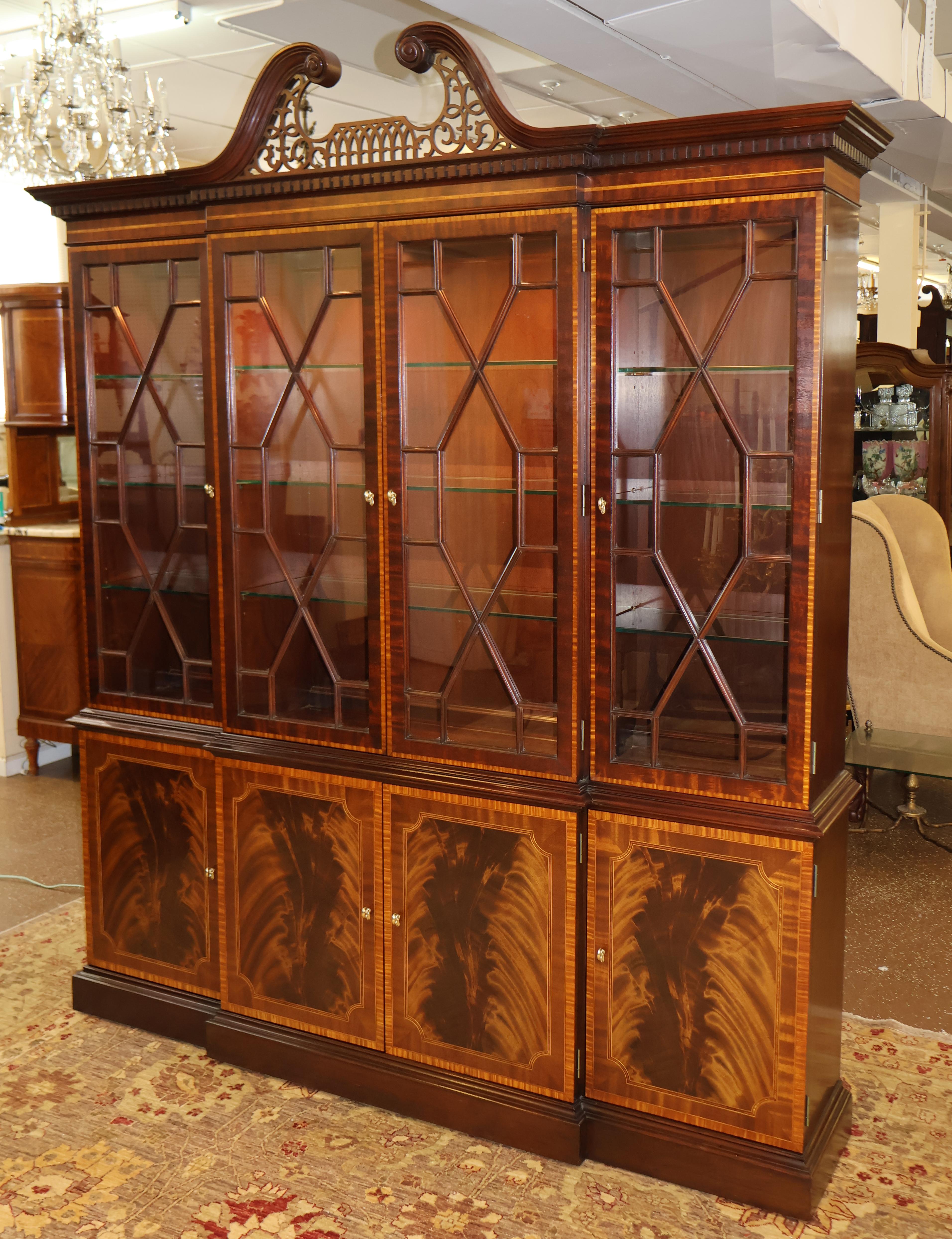 American Councill Craftsman Flame Mahogany Bookcase China Breakfront
