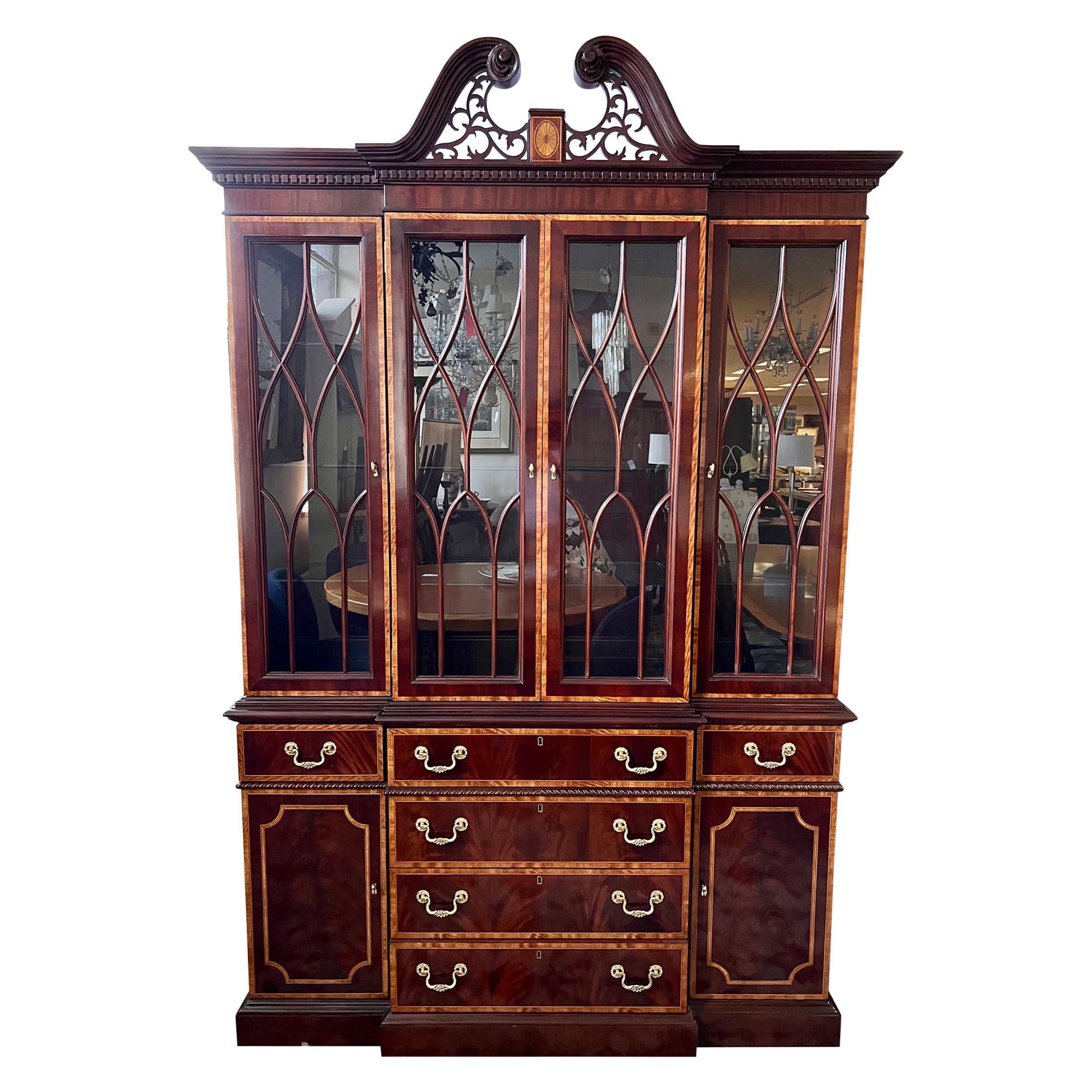 Councill Craftsman Flame Mahogany Inlay 2PC China Breakfront Sideboard Cabinet