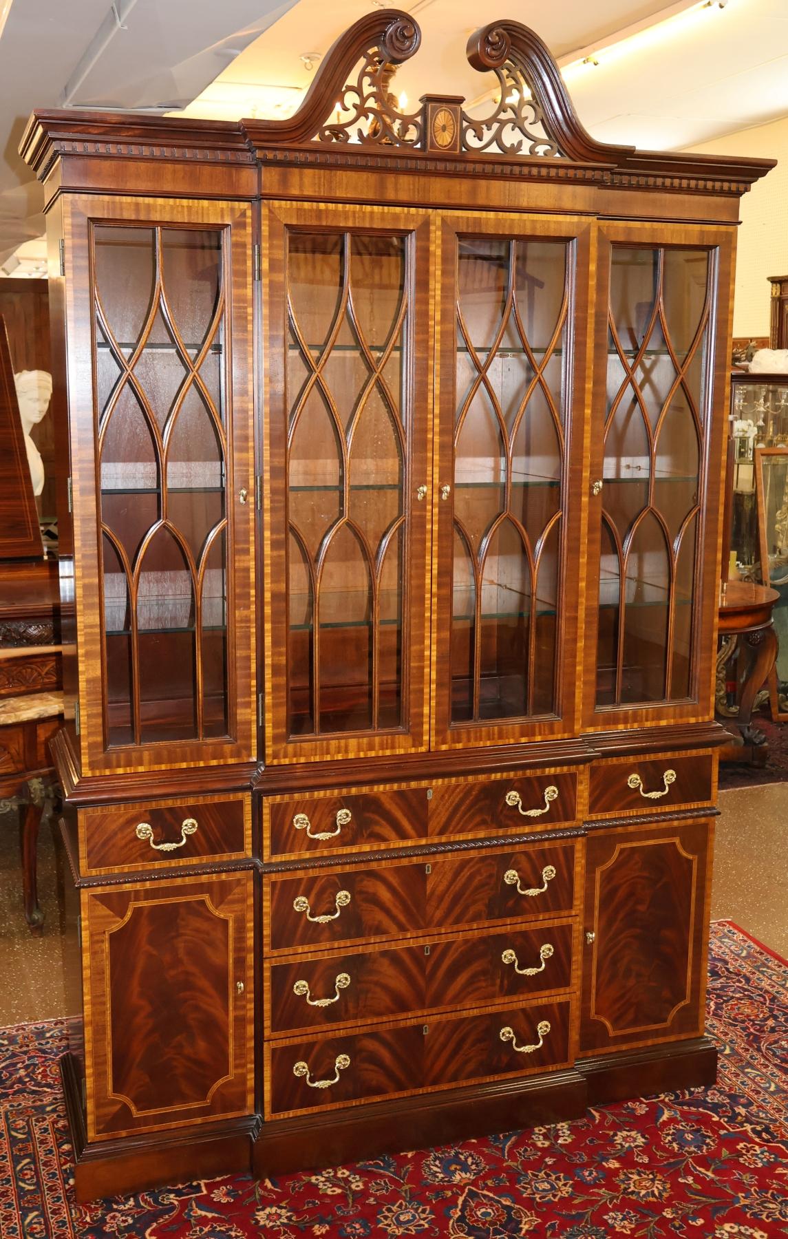 Americano Councill Craftsman Inlaid Regency Style China Cabinet Bookcase Breakfront in vendita