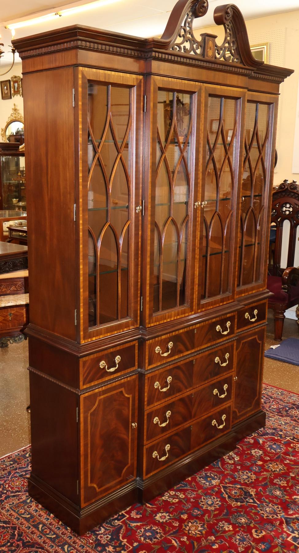 Mogano Councill Craftsman Inlaid Regency Style China Cabinet Bookcase Breakfront in vendita