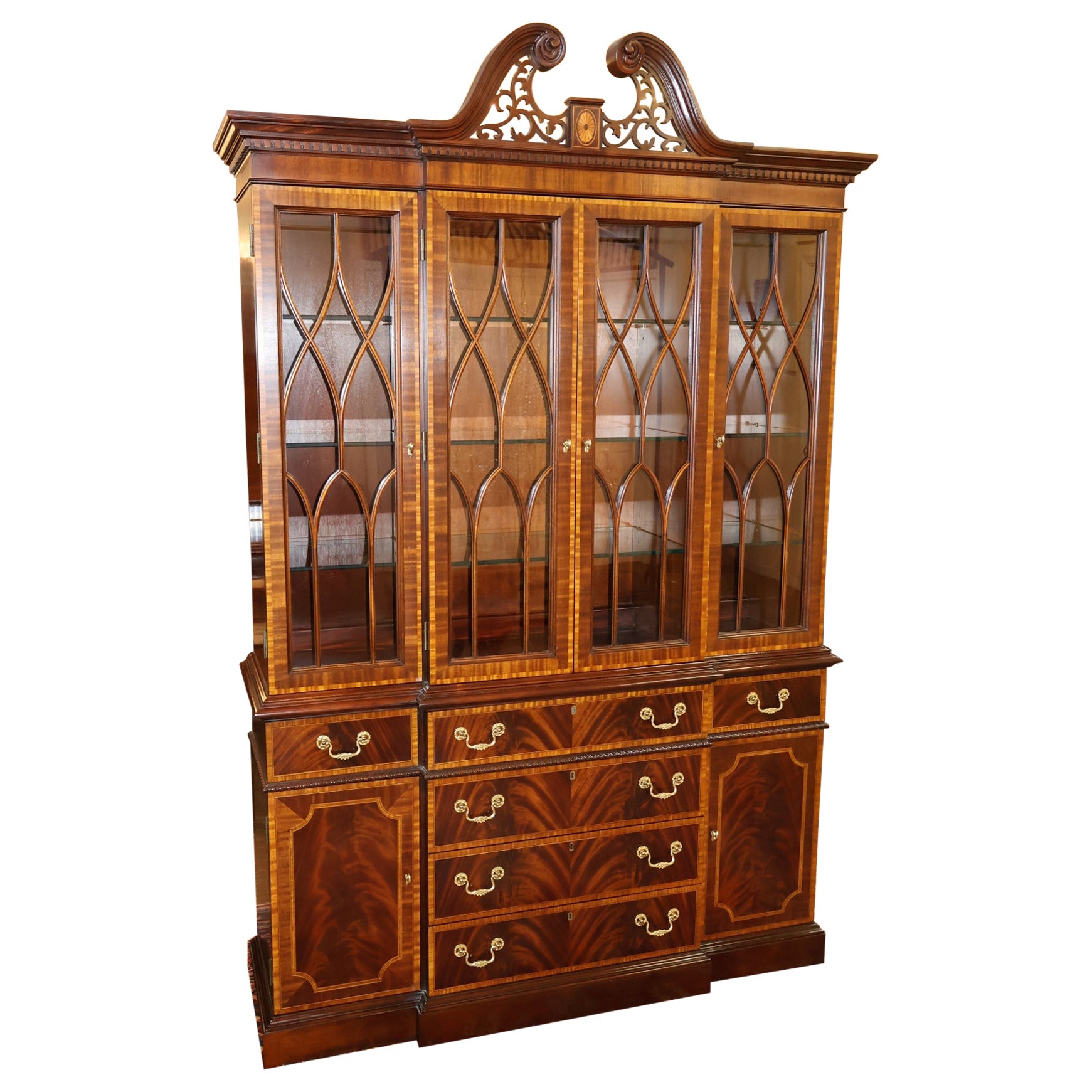 Councill Craftsman Inlaid Regency Style China Cabinet Bookcase Breakfront in vendita