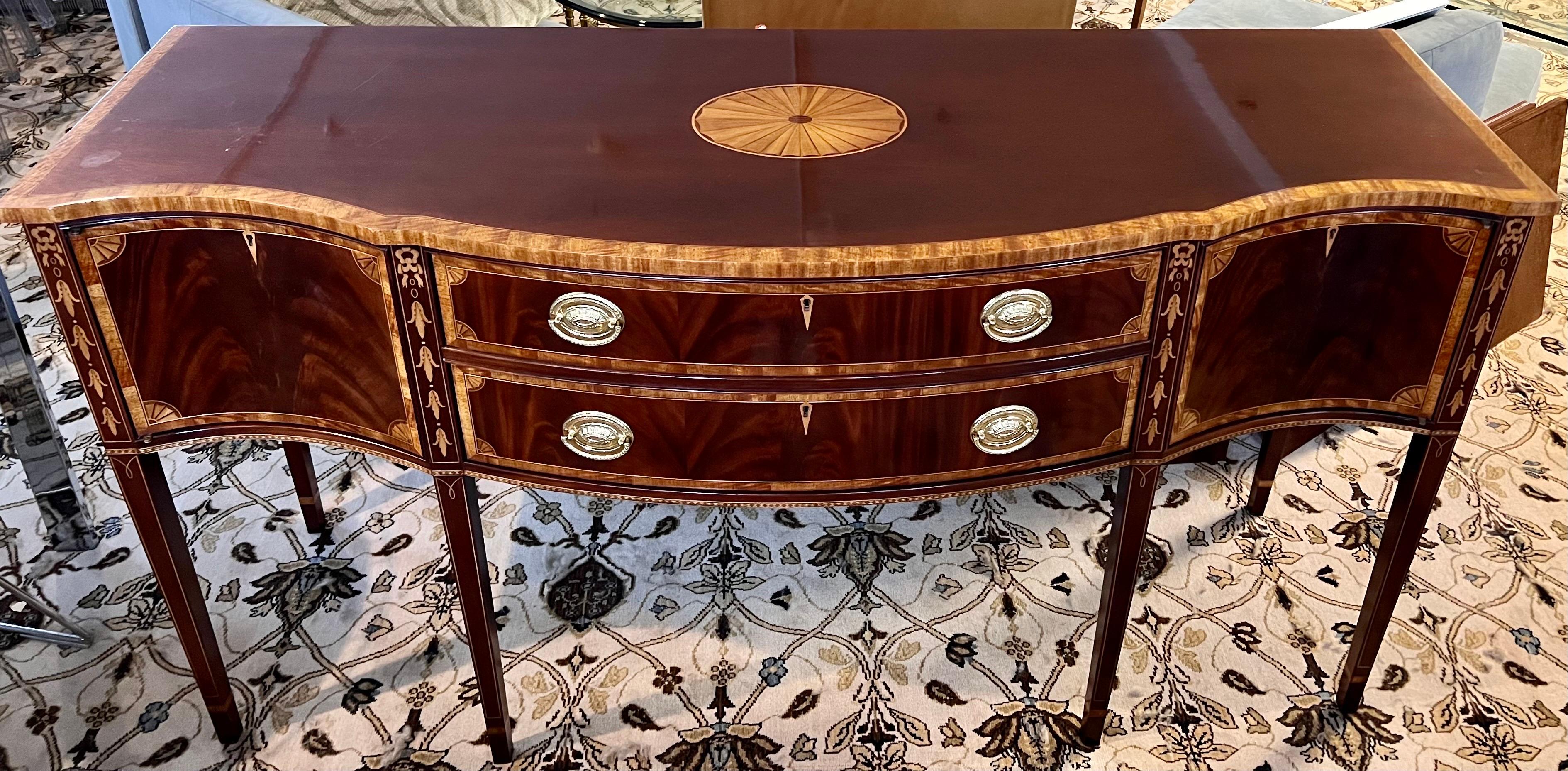 Brass Councill Craftsman Mahogany Bow Front Inlay Buffet Sideboard Cabinet