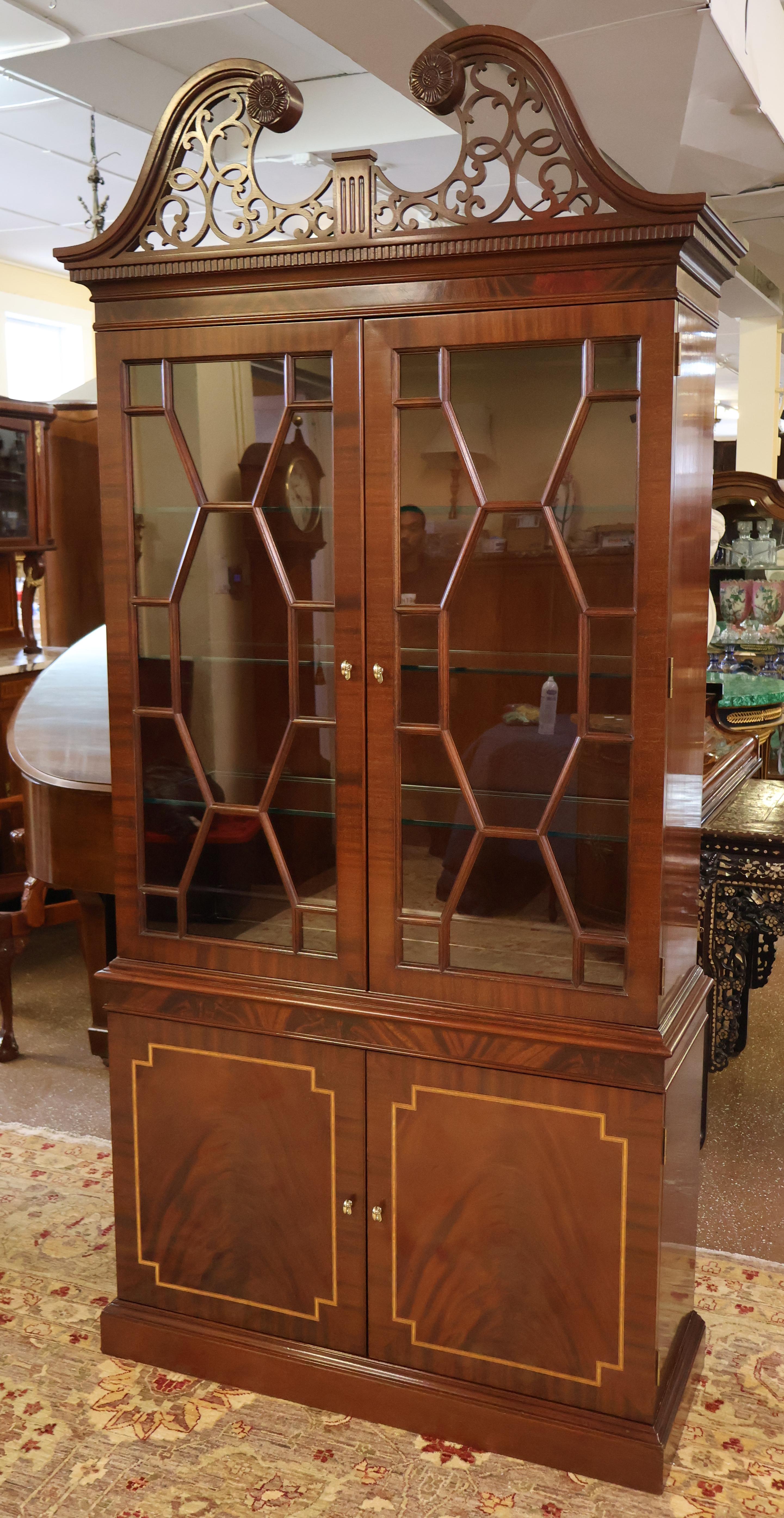 American Councill Craftsman Regency Style Flame Mahogany Curio China Display Cabinet For Sale
