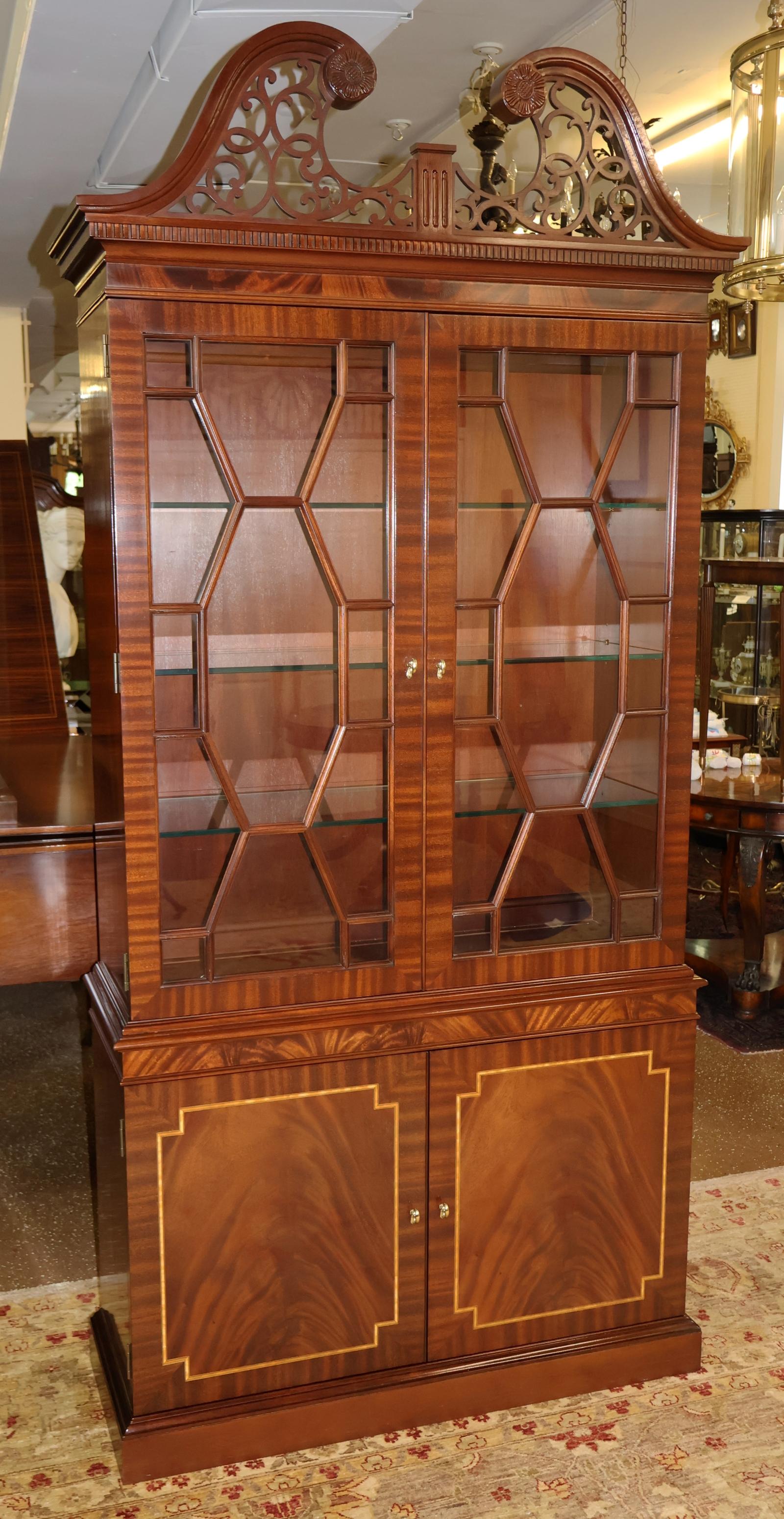 20th Century Councill Craftsman Regency Style Flame Mahogany Curio China Display Cabinet For Sale