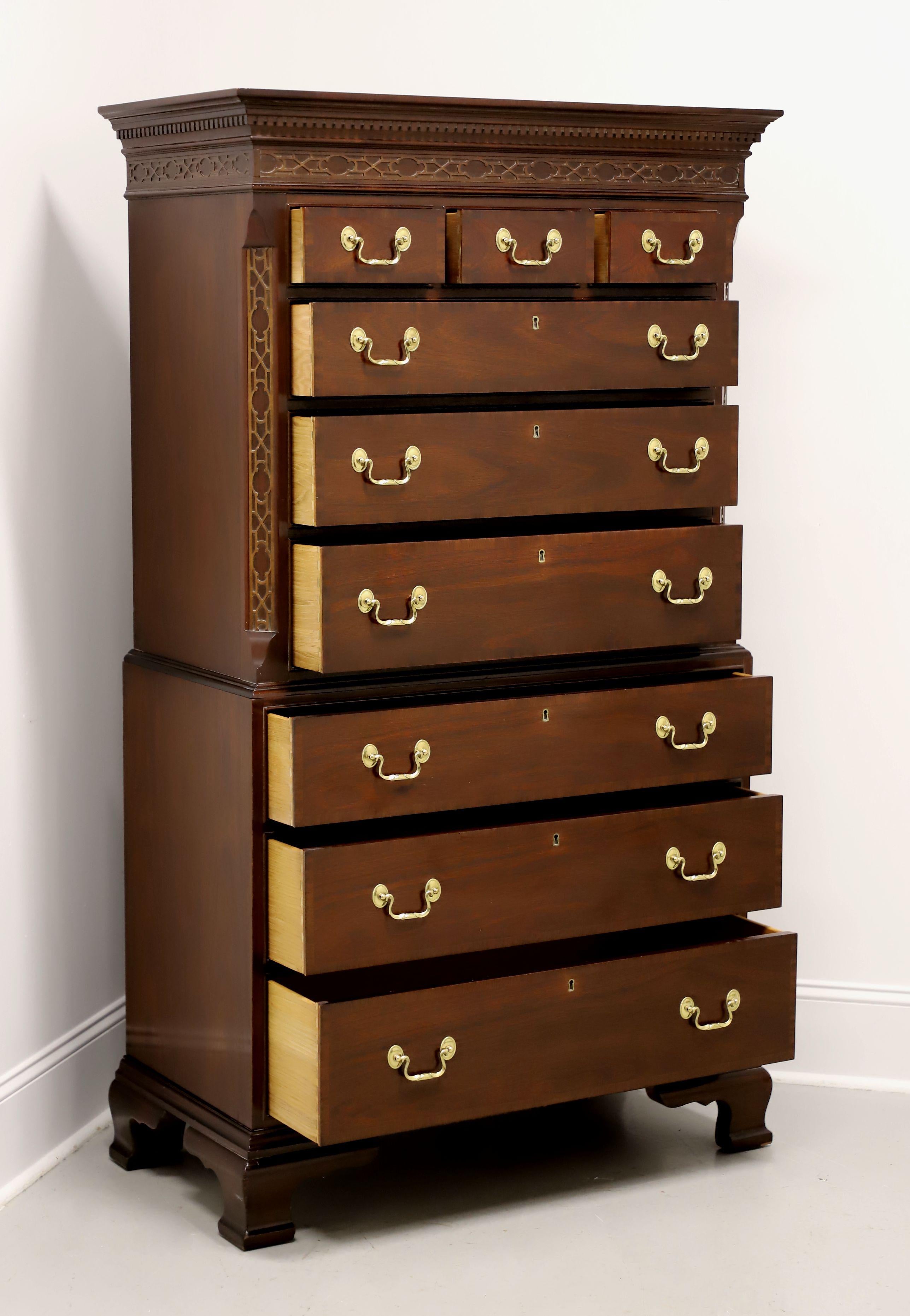 Brass COUNCILL CRAFTSMEN Banded Mahogany Chippendale Style Chest on Chest For Sale