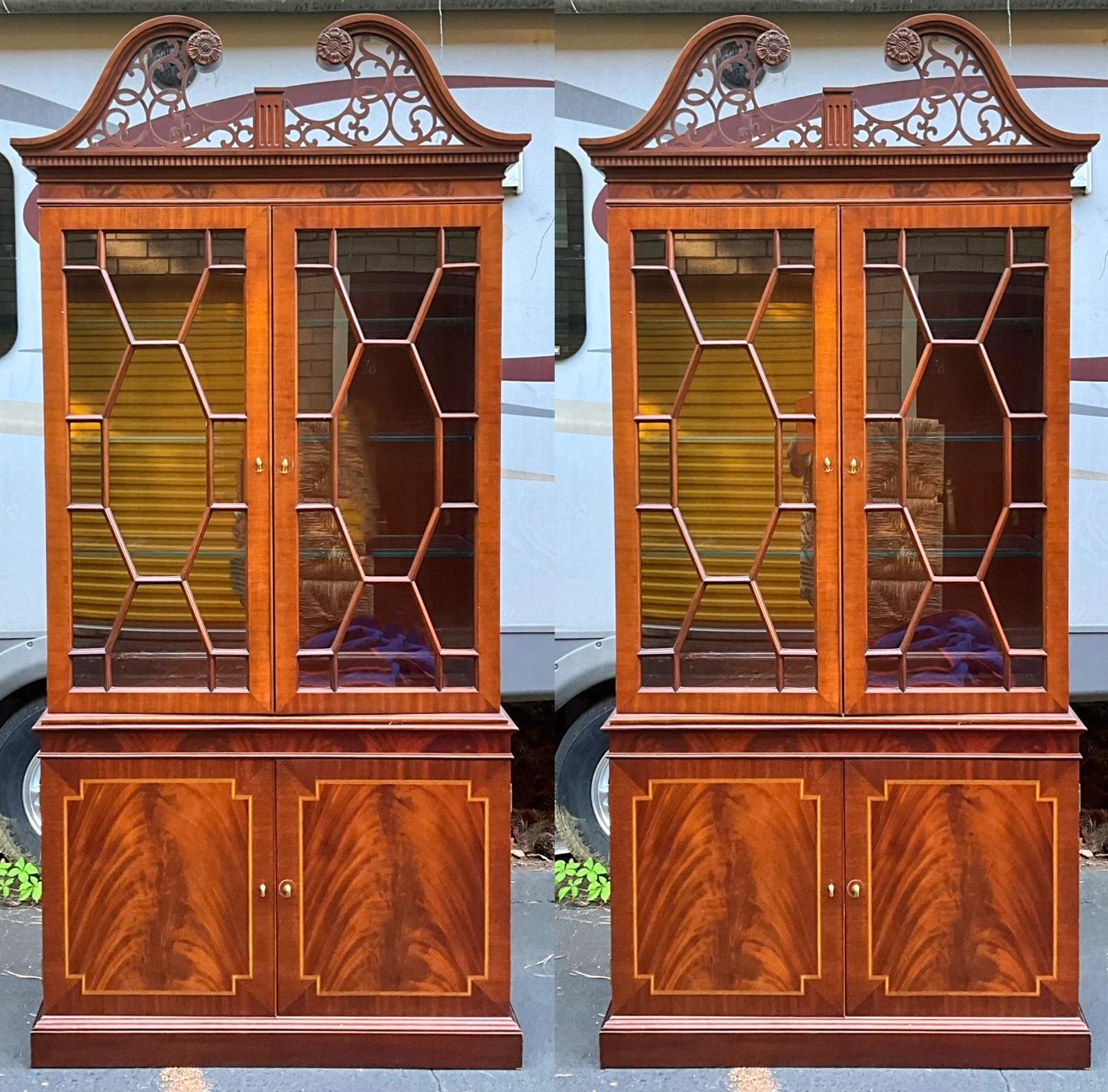 20th Century Councill Craftsmen Chinese Chippendale Style Mahogany China Cabinets - Pair 