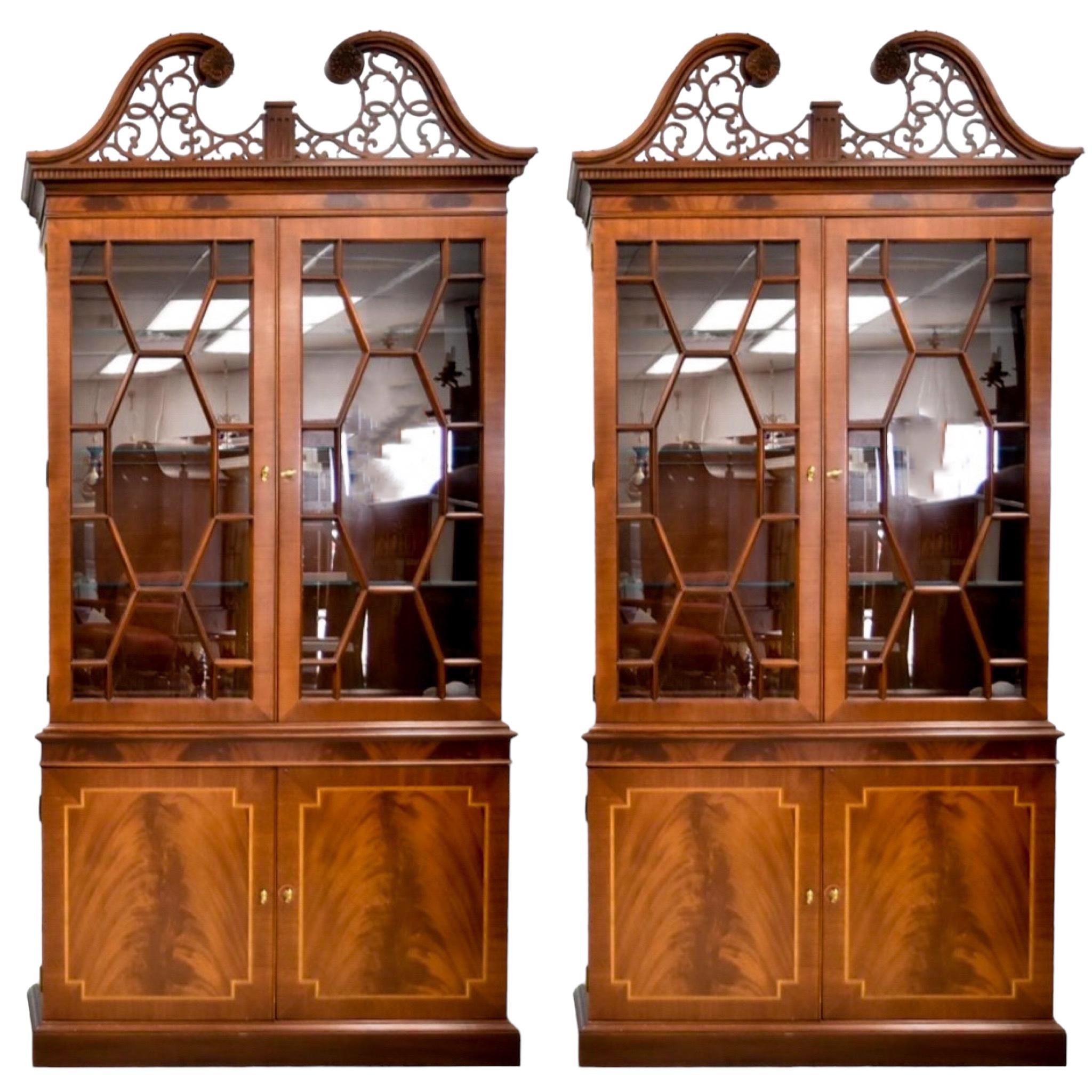 Councill Craftsmen Chinese Chippendale Style Mahogany China Cabinets - Pair  1