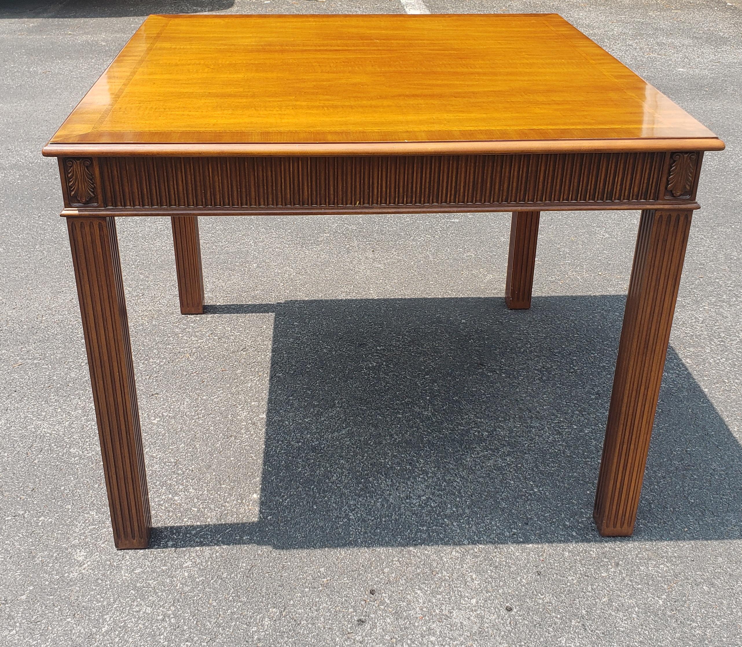 An exquisite Councill Furniture Carved and Banded top Blonde Mahogany Dining Table perfect for smaller spaces or kitchen. Well proportionate. Measures 38