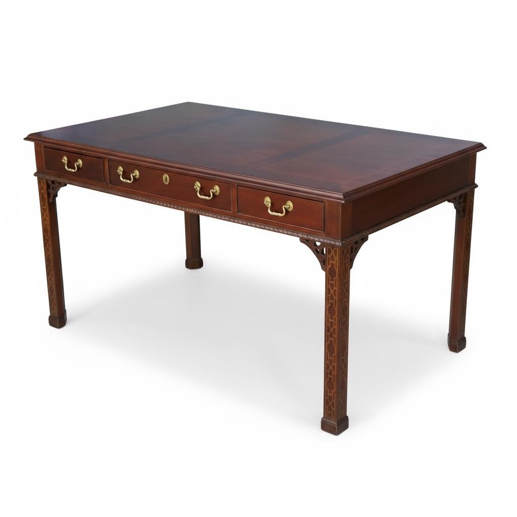 Brass Councill Furniture Chinese Chippendale Style Inlaid Mahogany Desk Writing Table For Sale