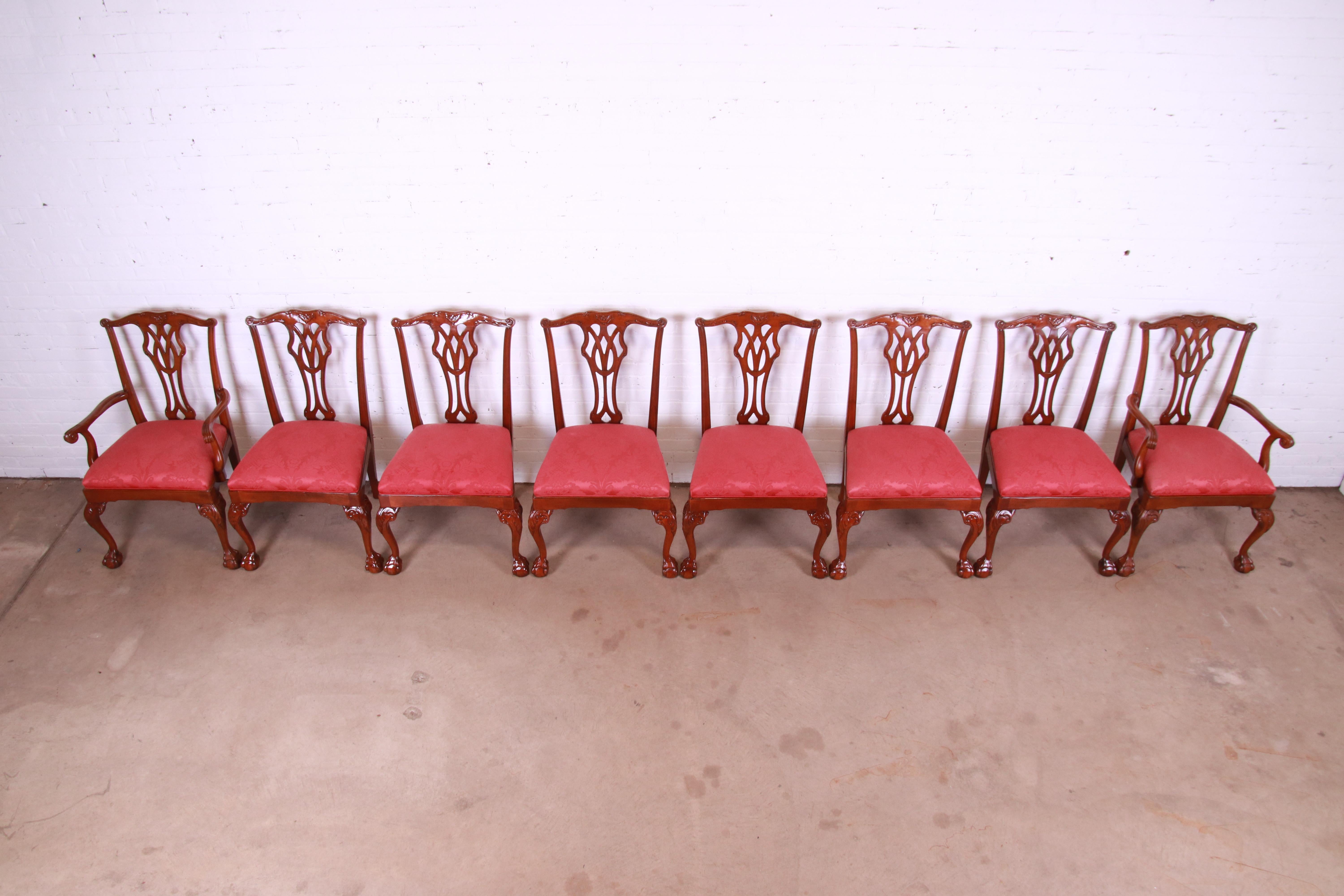 Upholstery Councill Furniture Chippendale Carved Mahogany Dining Chairs, Set of Eight For Sale