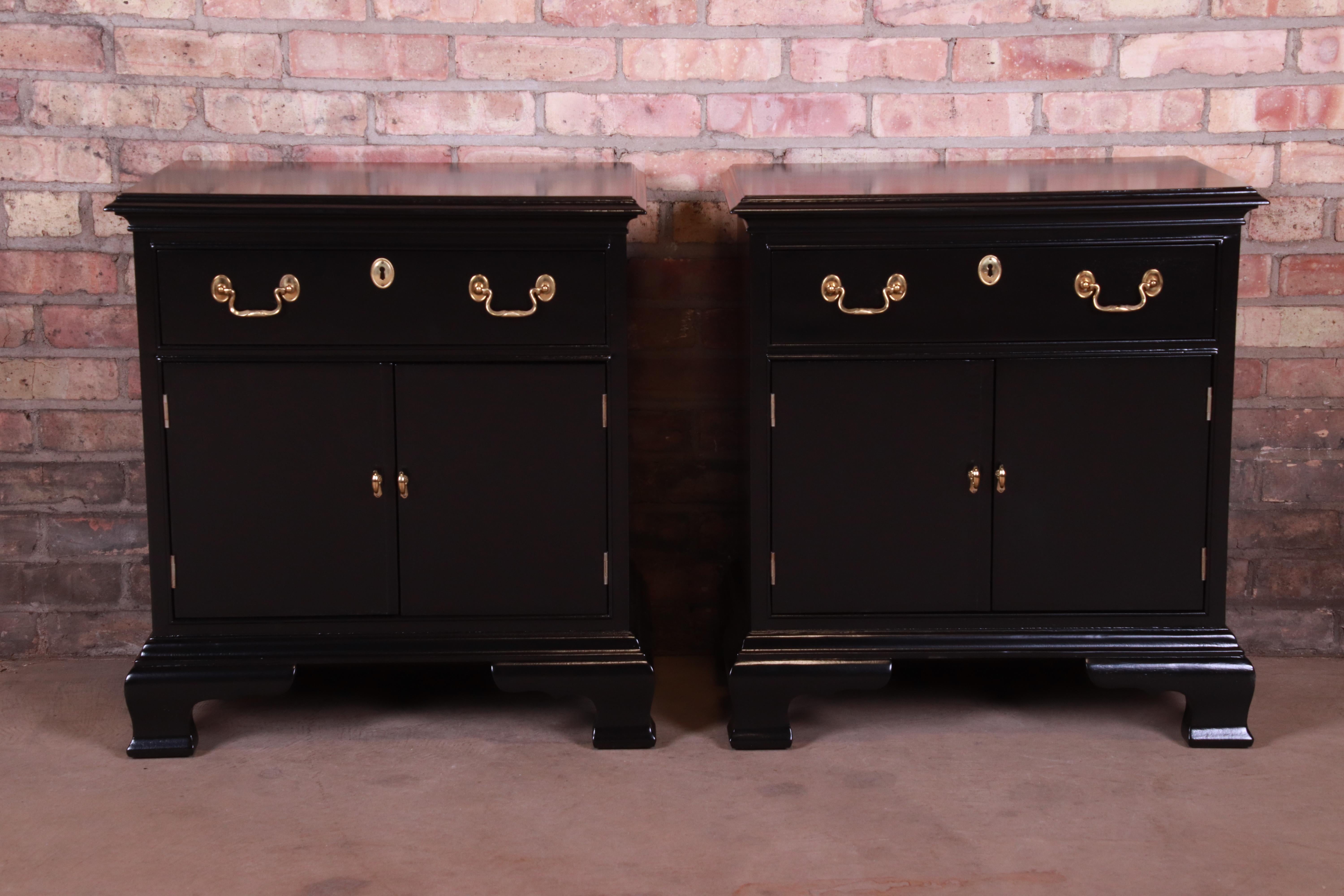 American Councill Furniture Georgian Black Lacquered Nightstands, Newly Refinished
