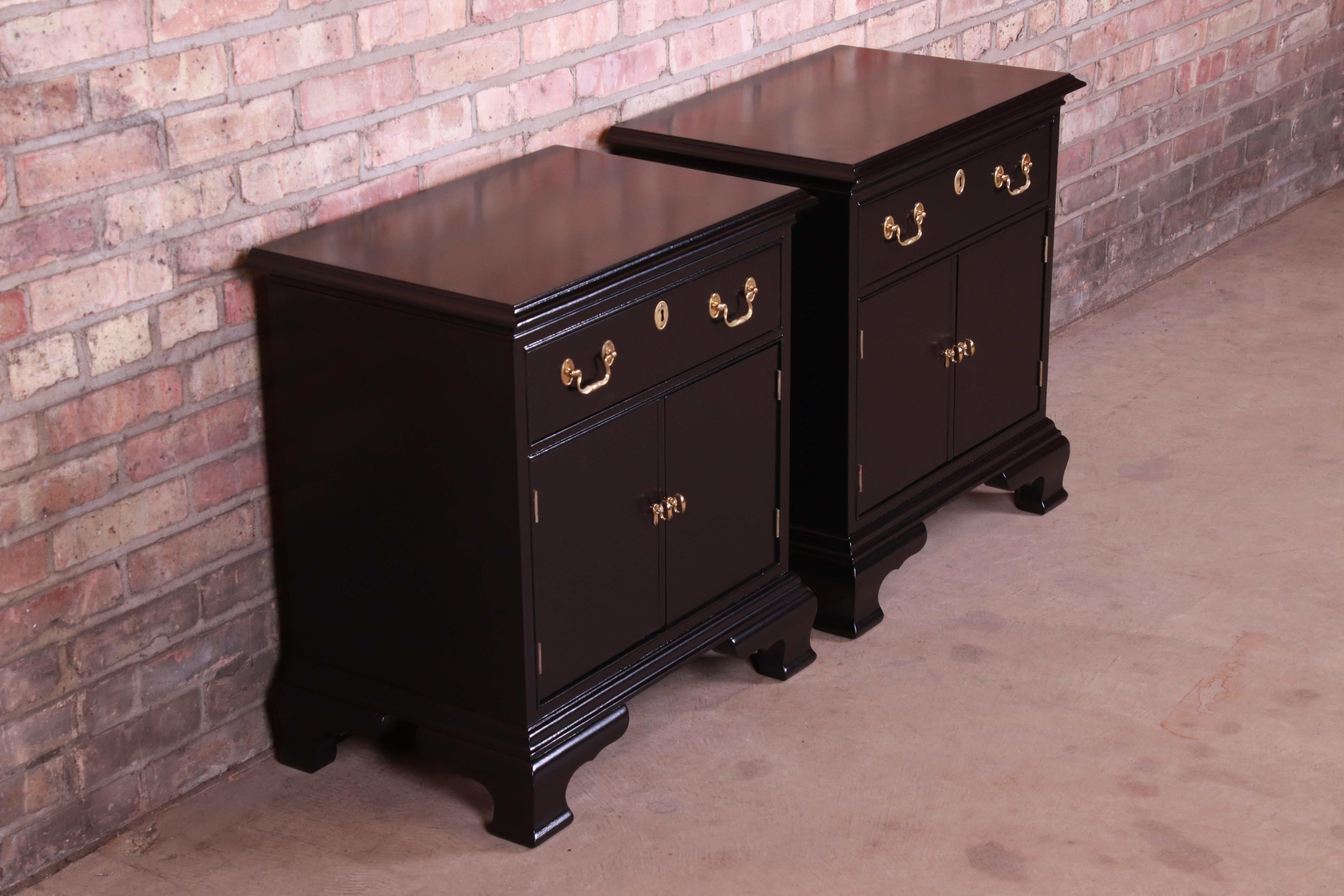 20th Century Councill Furniture Georgian Black Lacquered Nightstands, Newly Refinished