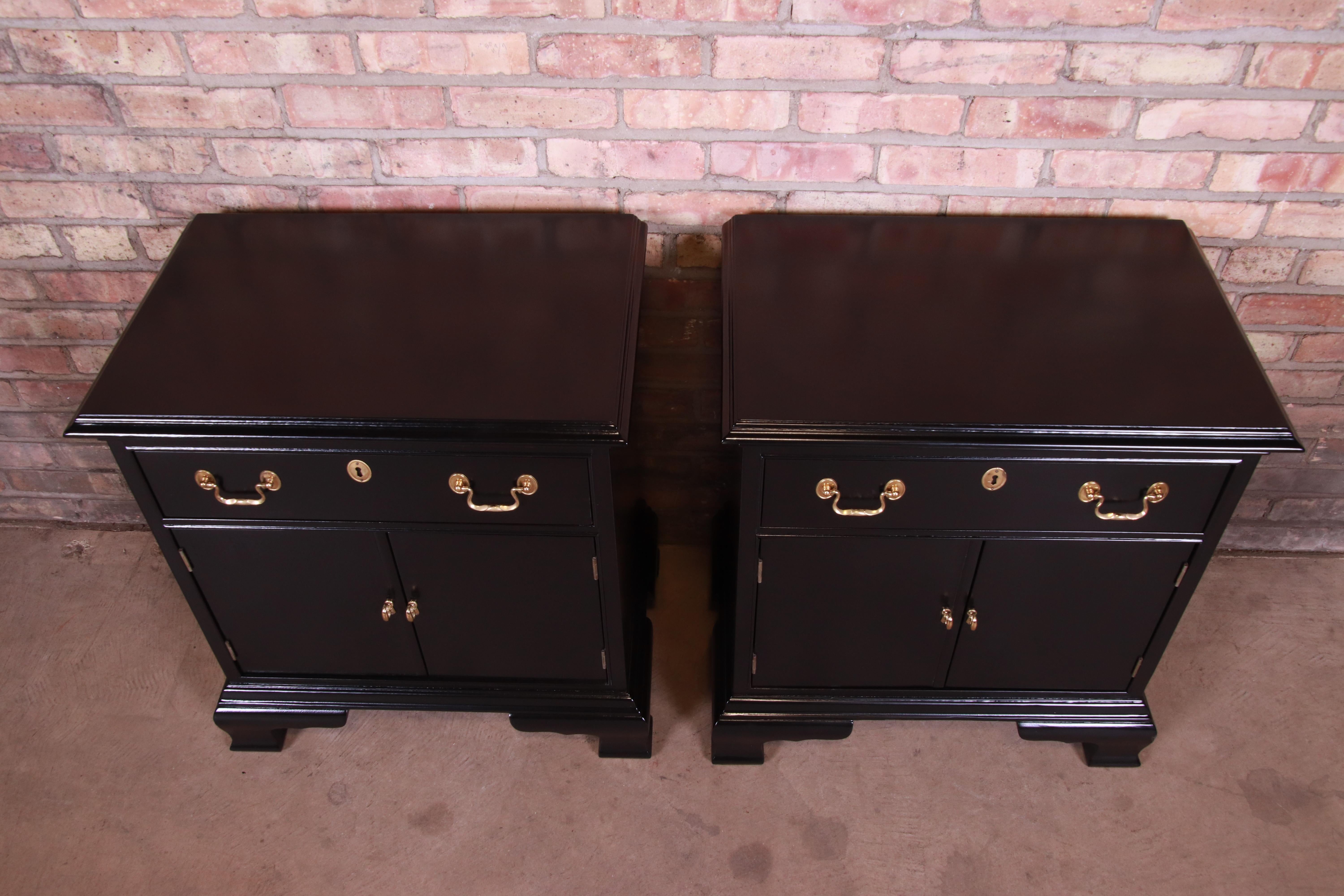 Brass Councill Furniture Georgian Black Lacquered Nightstands, Newly Refinished