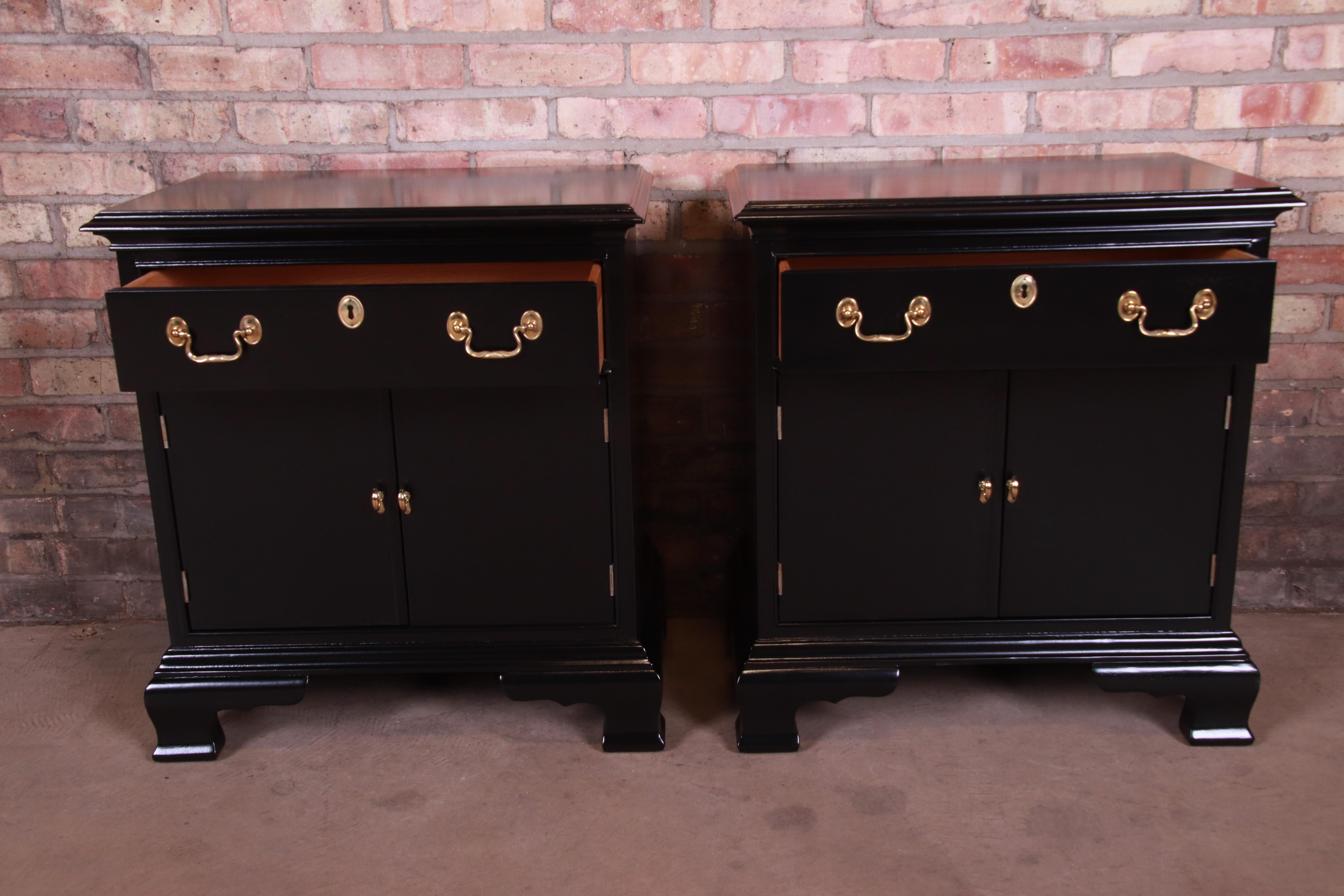 Councill Furniture Georgian Black Lacquered Nightstands, Newly Refinished 2