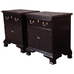 Councill Furniture Georgian Black Lacquered Nightstands, Newly Refinished