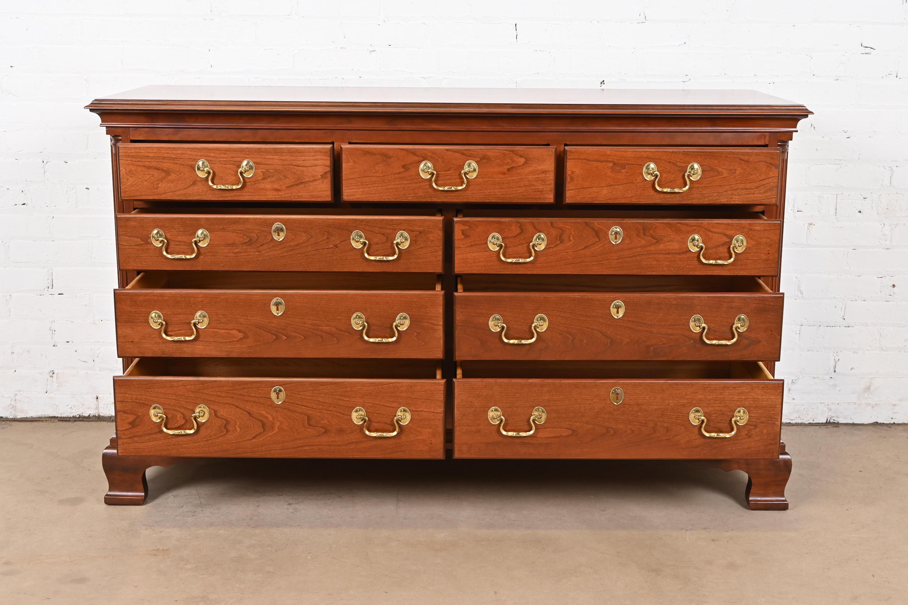 Brass Councill Furniture Georgian Carved Cherry Wood Nine-Drawer Dresser, Refinished For Sale