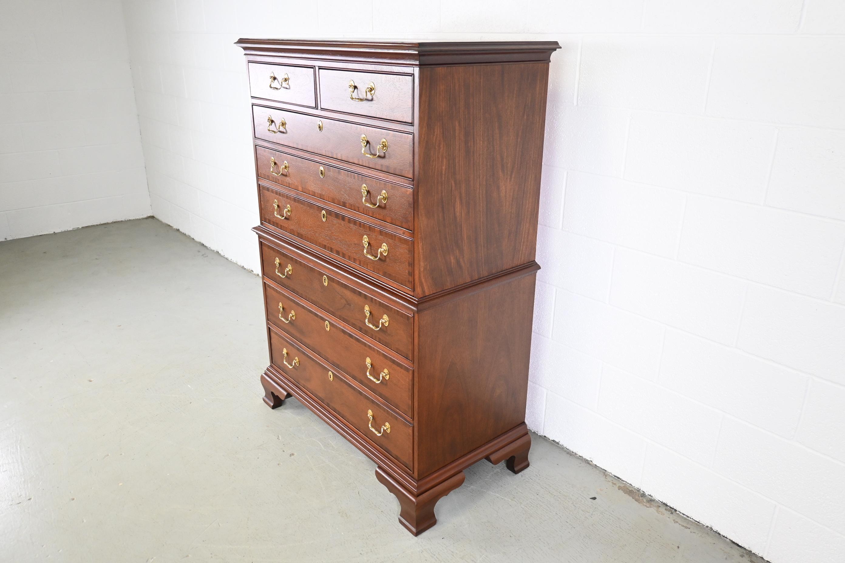 American Councill Furniture Georgian Mahogany Banded Highboy Dresser, Newly Refinished