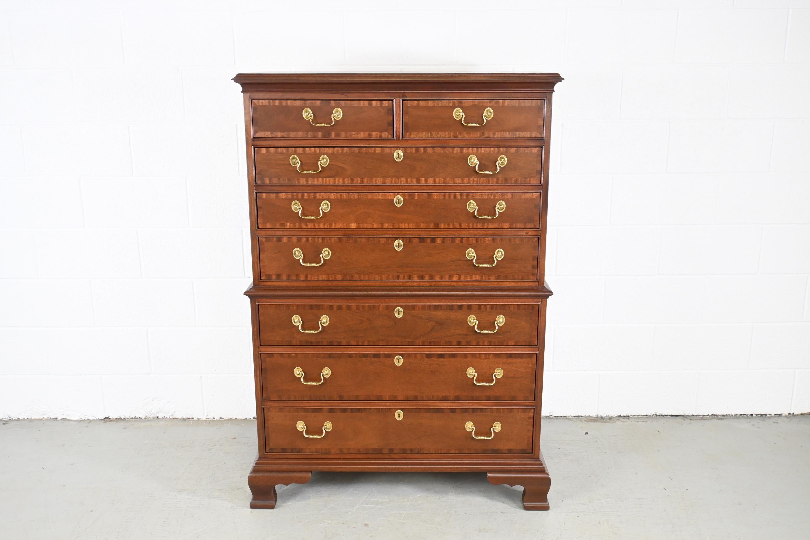 Lacquered Councill Furniture Georgian Mahogany Banded Highboy Dresser, Newly Refinished