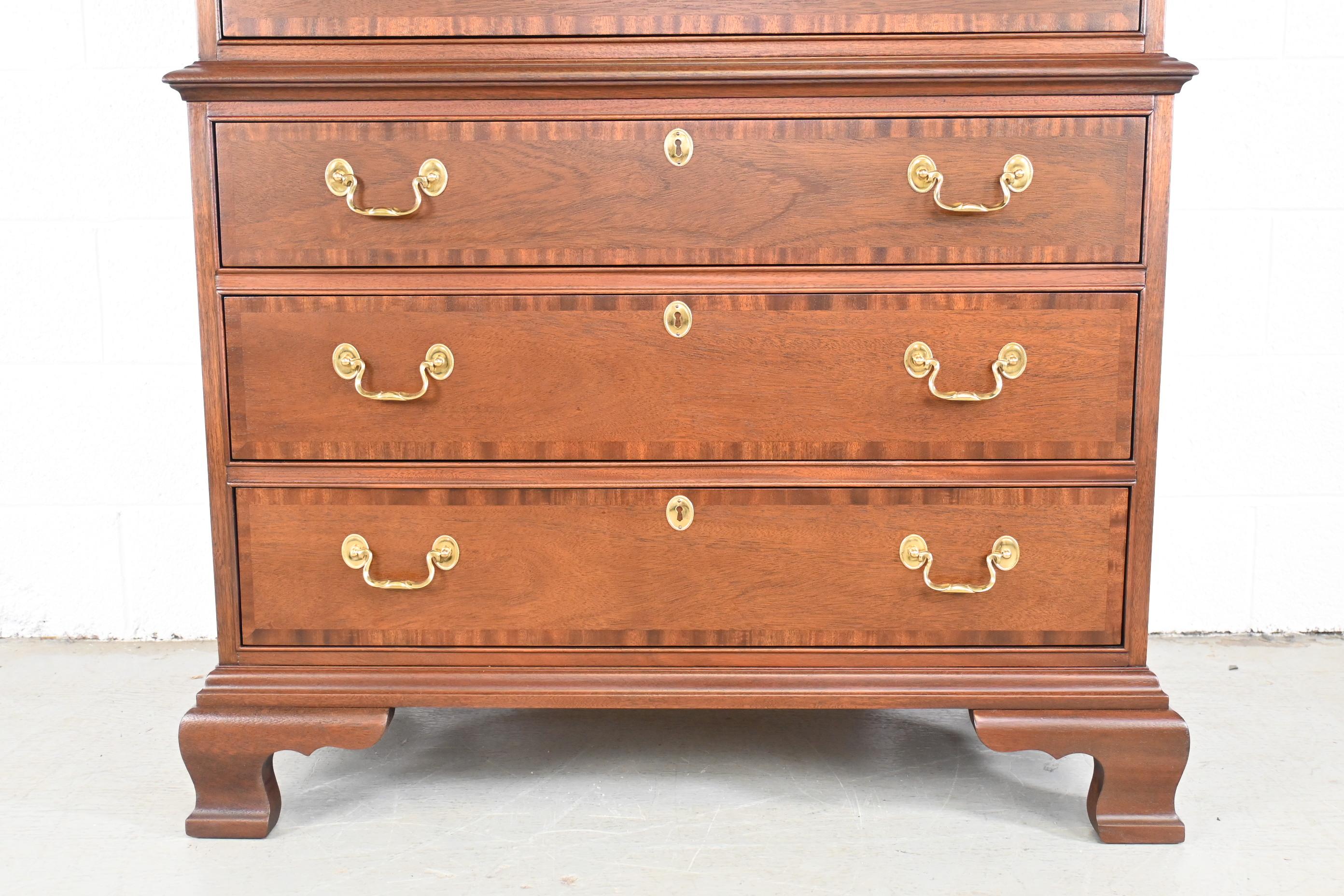 Late 20th Century Councill Furniture Georgian Mahogany Banded Highboy Dresser, Newly Refinished