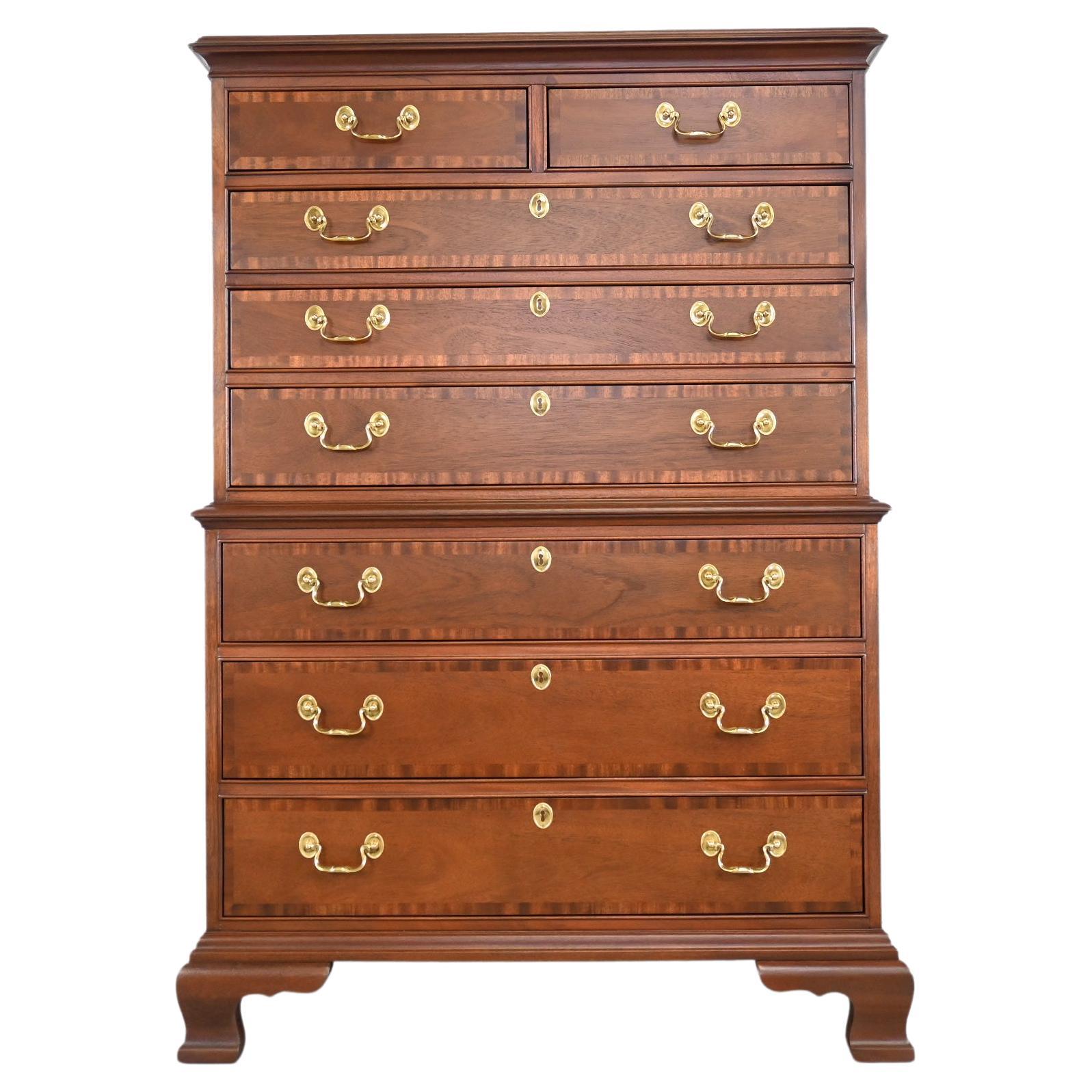 Councill Furniture Georgian Mahogany Banded Highboy Dresser, Newly Refinished