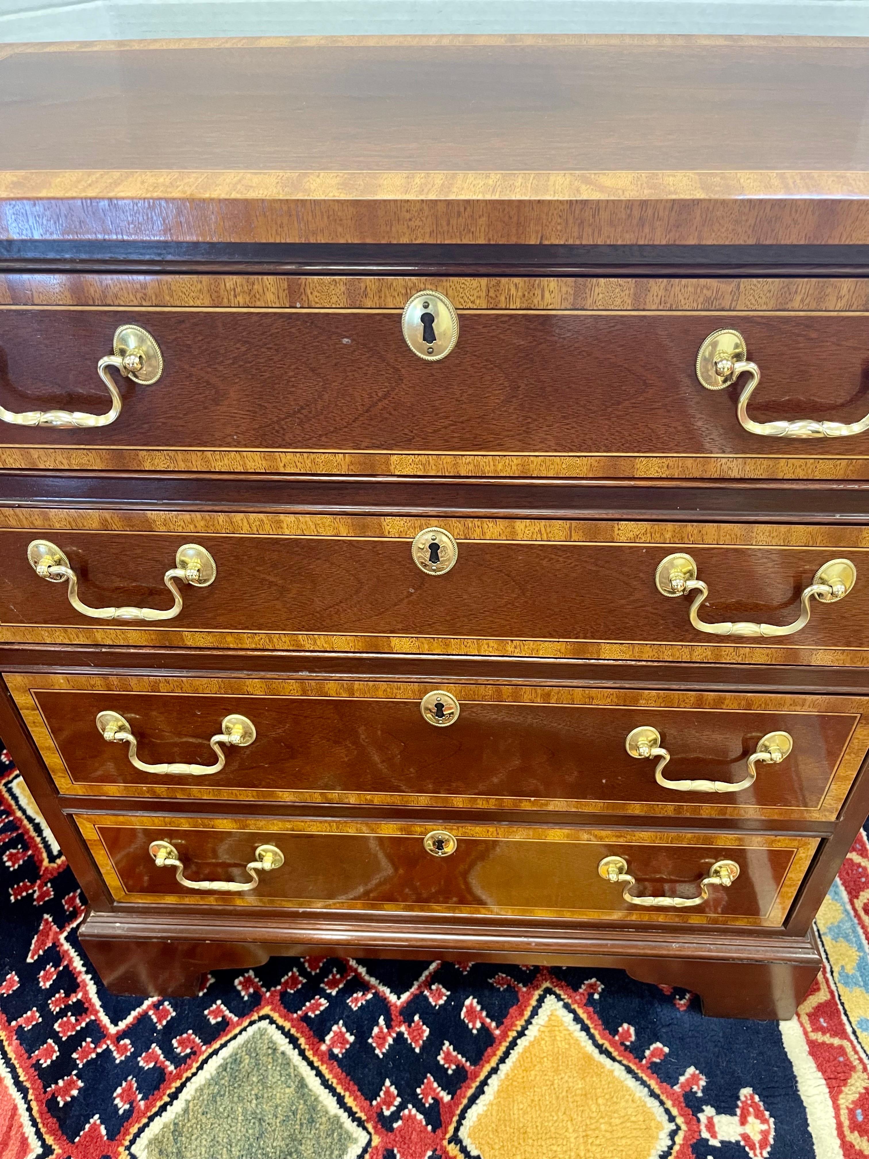 Brass Councill Furniture Mahogany Inlay Four Drawer Bachelor's Chest Dresser