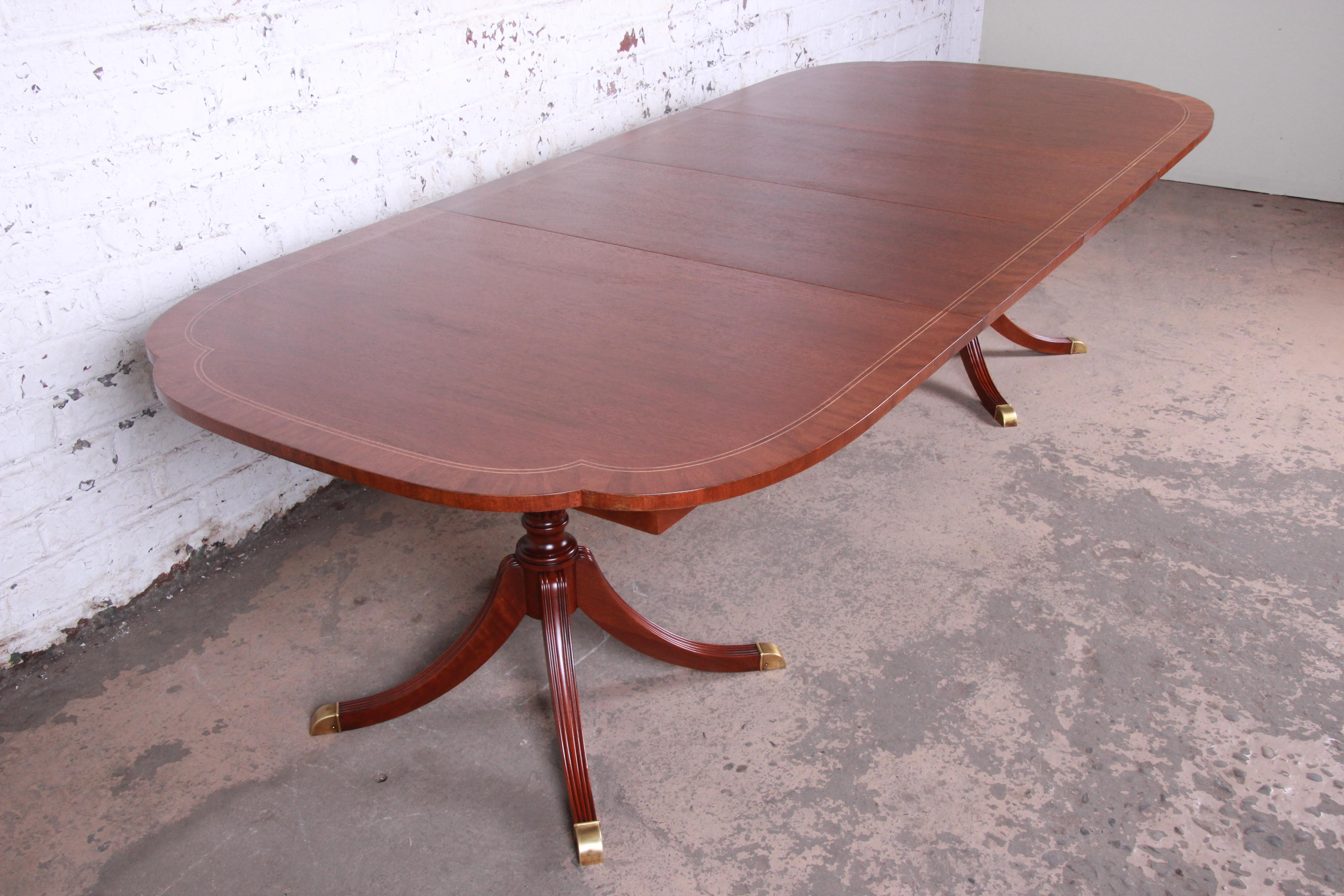 American Councill Georgian Banded Mahogany Double Pedestal Dining Table, Newly Refinished