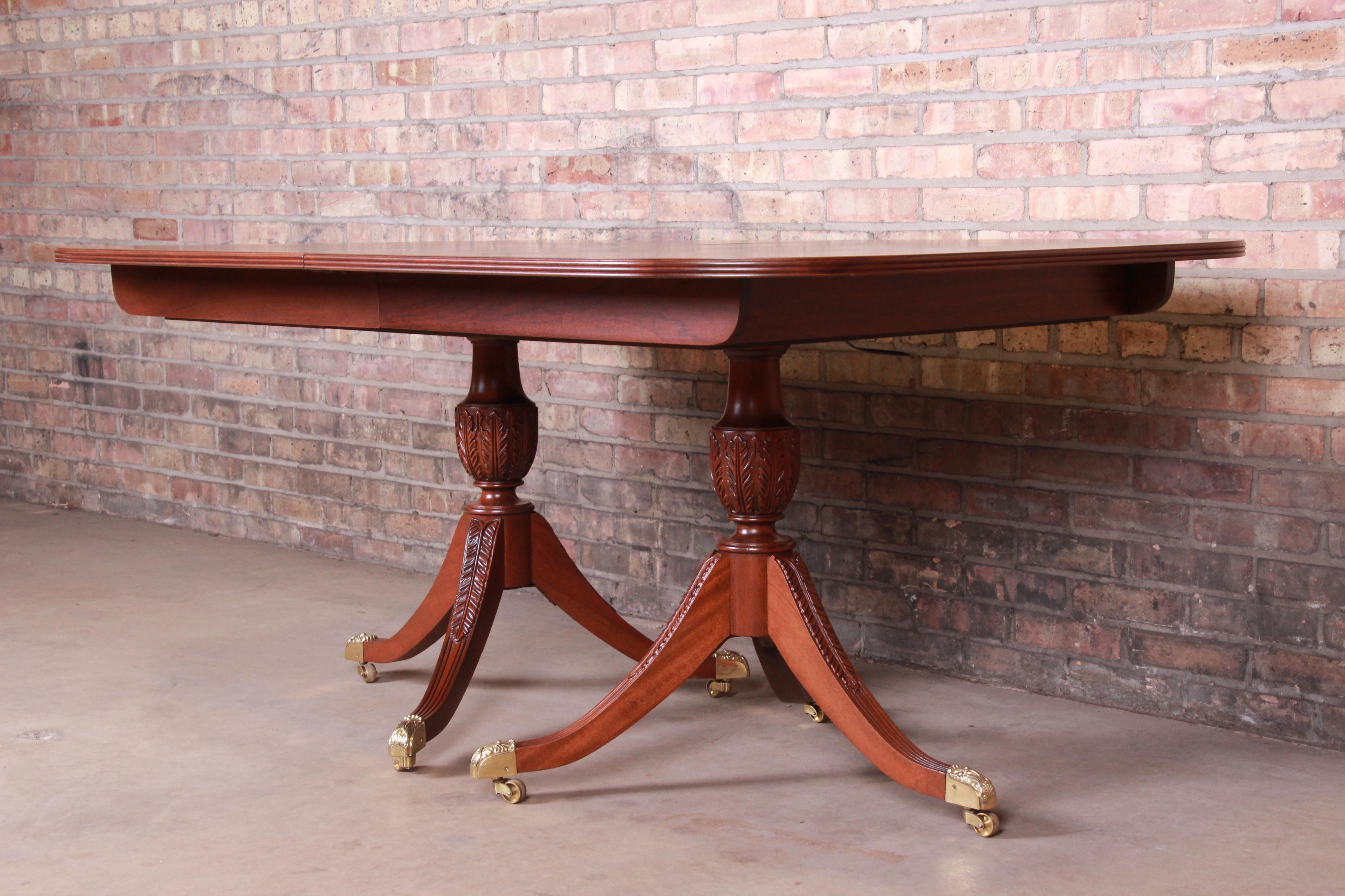 American Councill Georgian Banded Mahogany Double Pedestal Dining Table, Newly Restored
