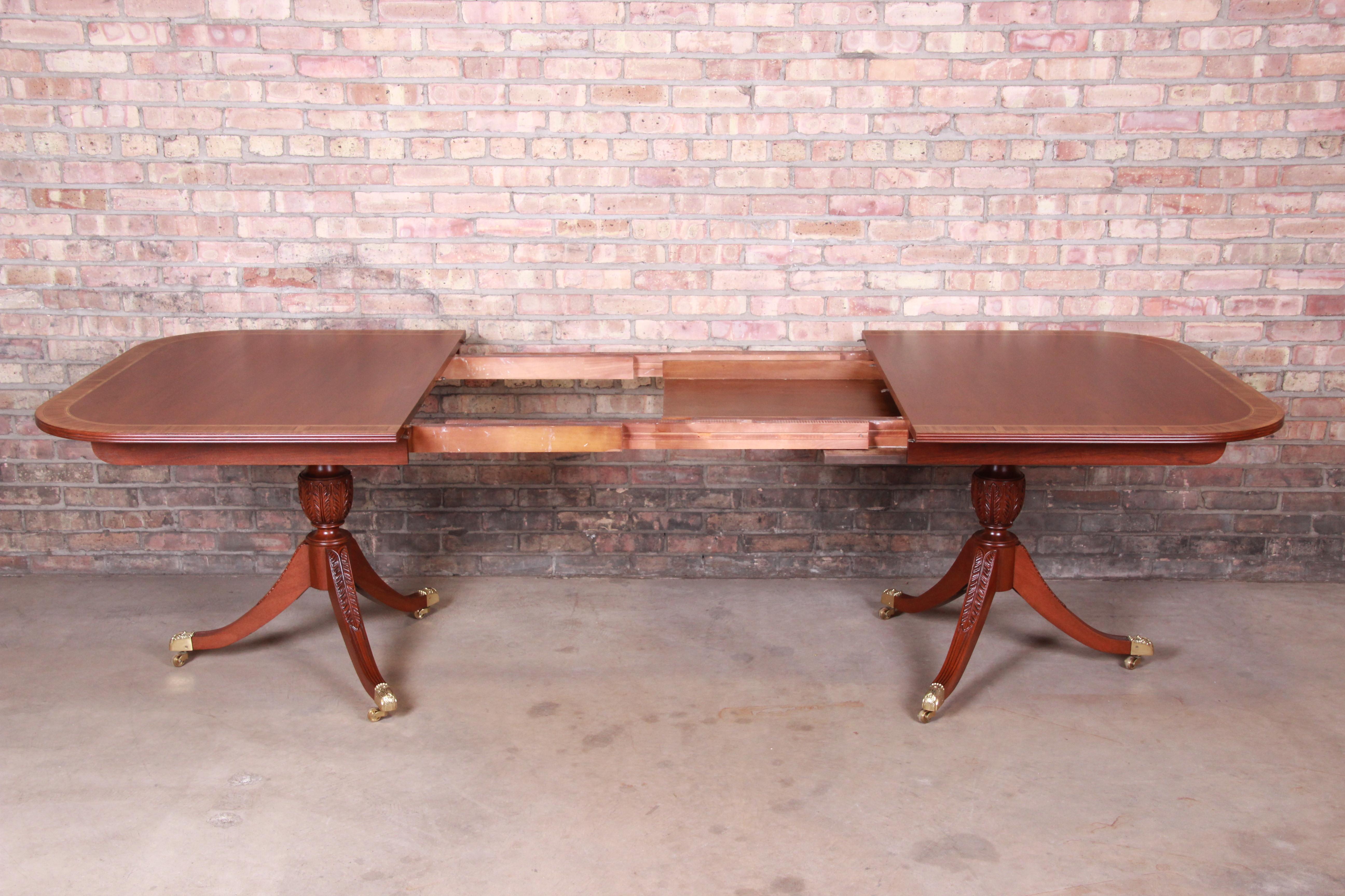 Brass Councill Georgian Banded Mahogany Double Pedestal Dining Table, Newly Restored