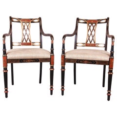 Councill Regency Ebonized Hand Painted Armchairs, Pair