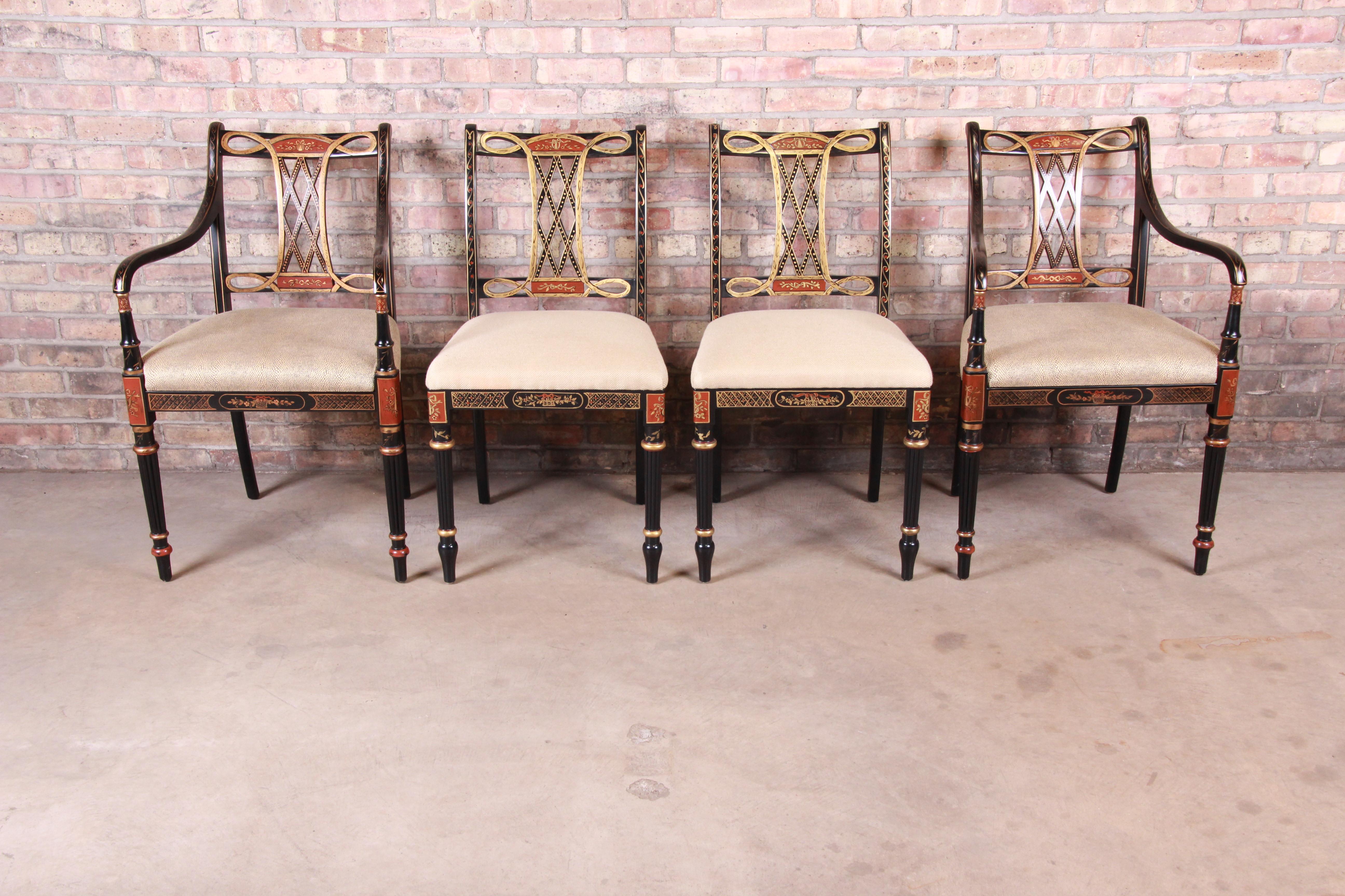A gorgeous set of four Regency style dining chairs

By Councill Furniture

USA, circa 1990s

Ebonized and hand painted wood frames, with upholstered seats.

Measures:
Armchairs 22.38