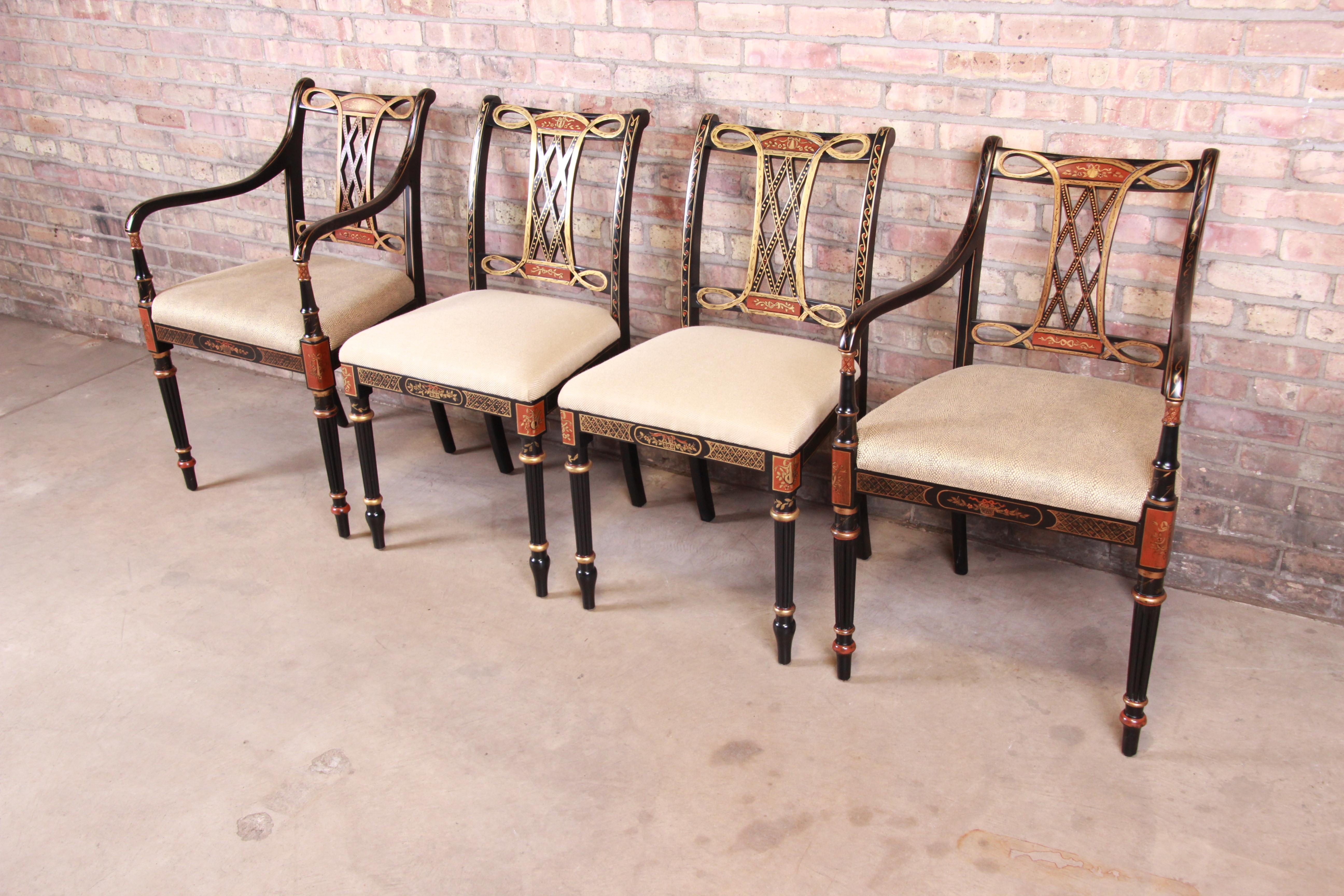 American Councill Regency Ebonized Hand Painted Dining Chairs, Set of Four
