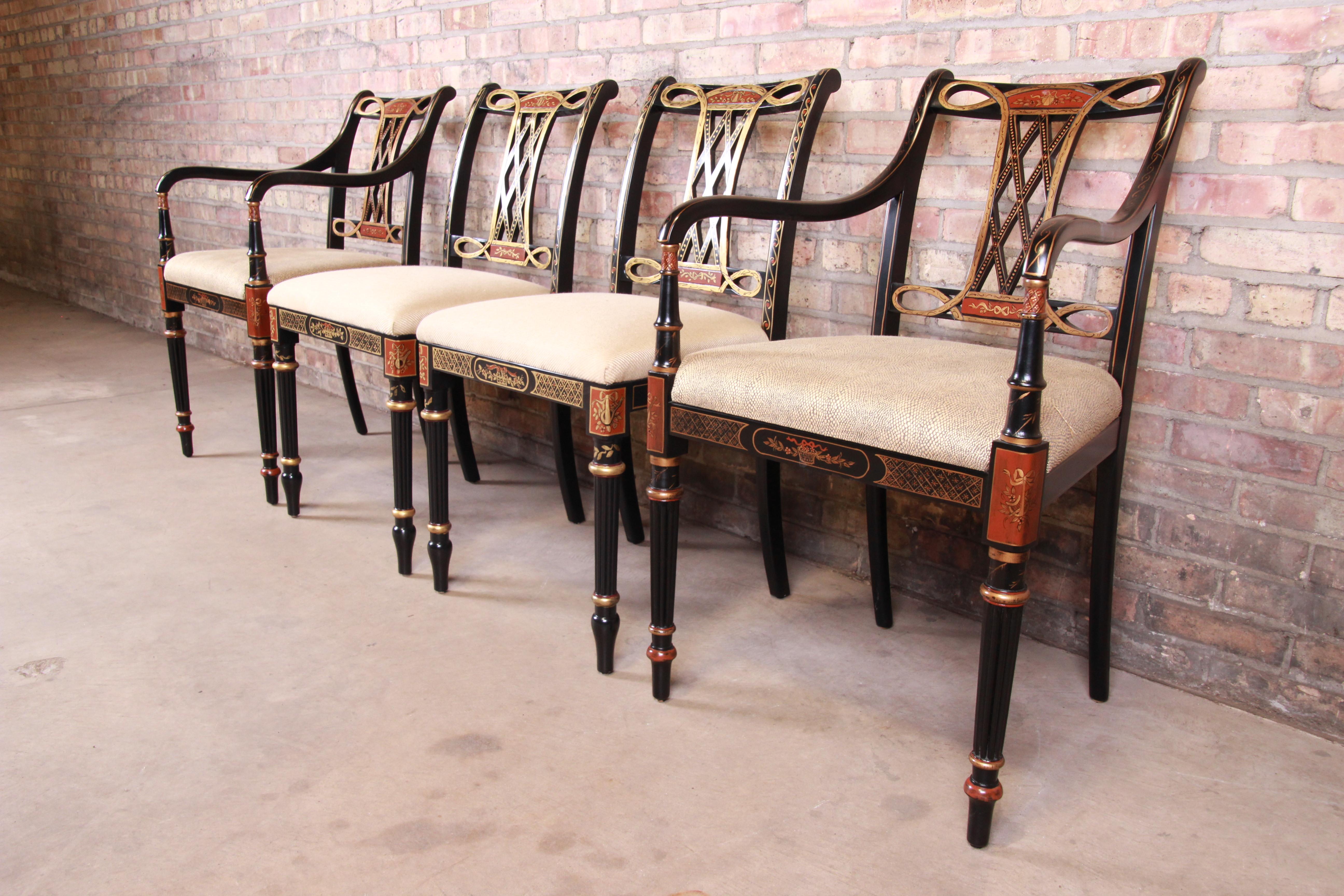 Councill Regency Ebonized Hand Painted Dining Chairs, Set of Four In Good Condition In South Bend, IN