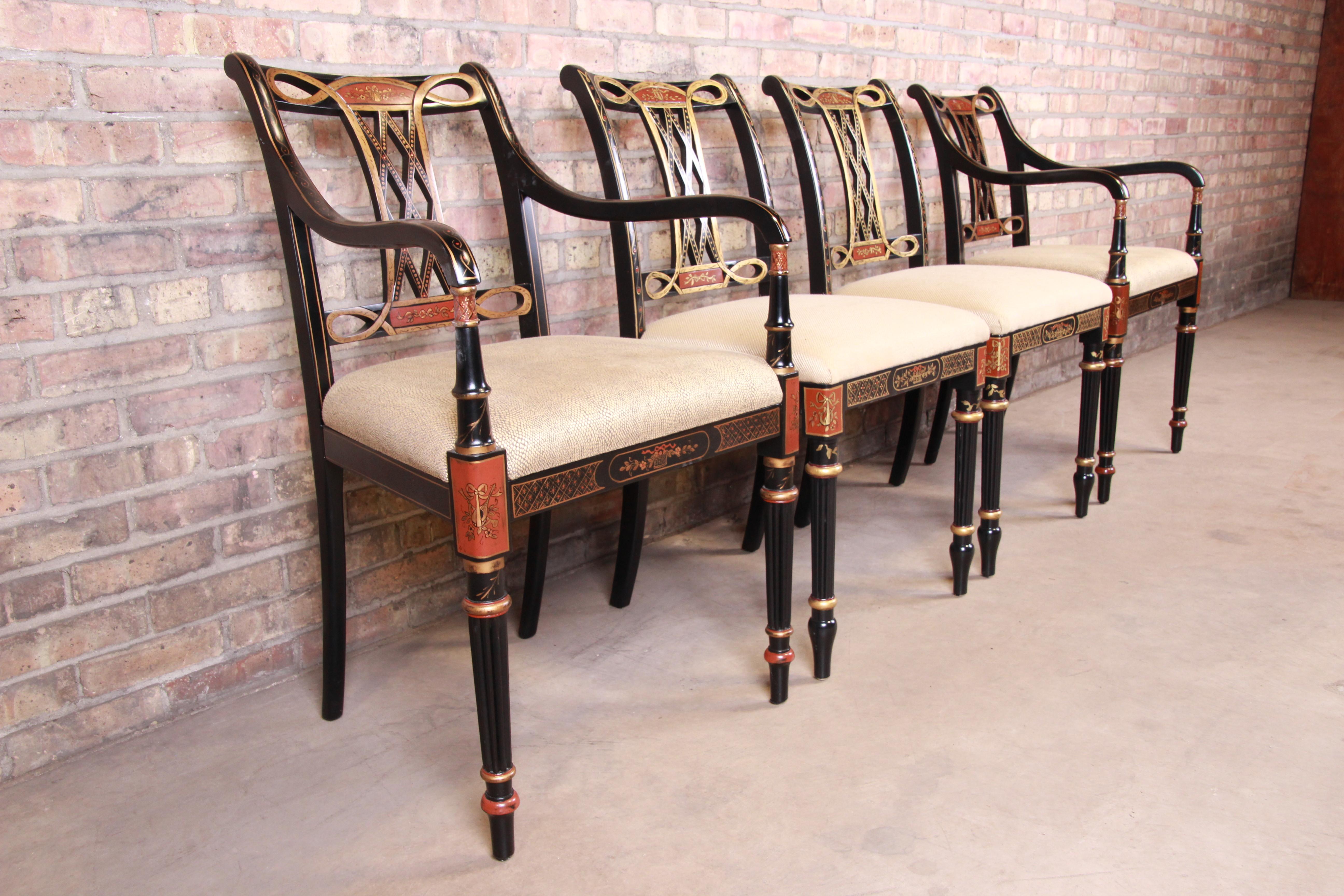 20th Century Councill Regency Ebonized Hand Painted Dining Chairs, Set of Four